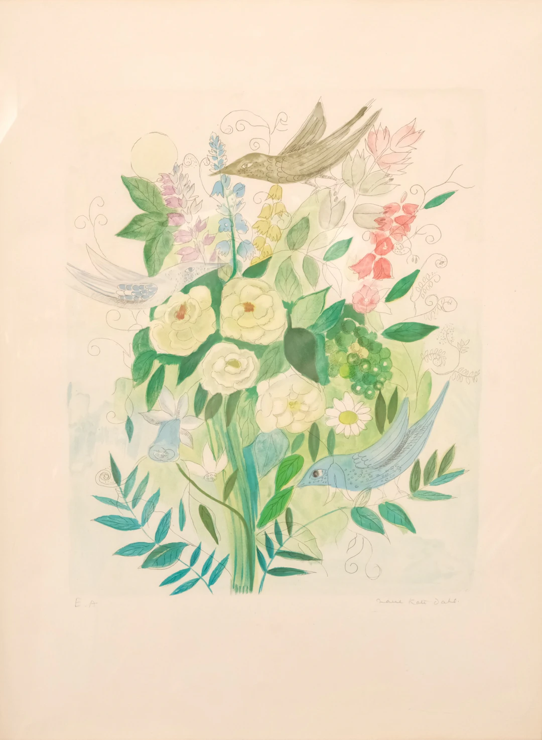 MARY-KATE DAHL. FÄRGLITOGRAFI, STILLEBEN MED BLOMMOR, SIGNERAD, EA.