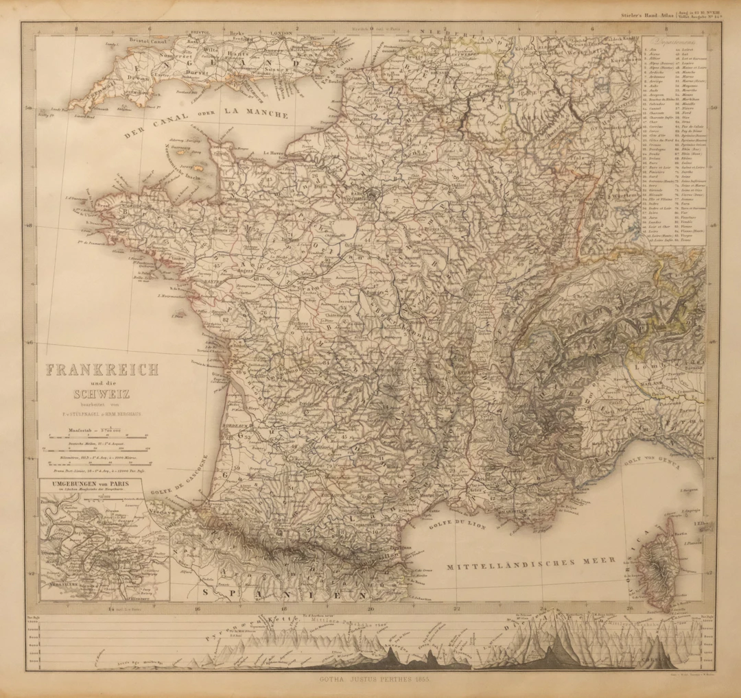 KARTA ÖVER FRANKRIKE OCH SCHWEIZ. UR STIELER'S HAND-ATLAS, 1855.