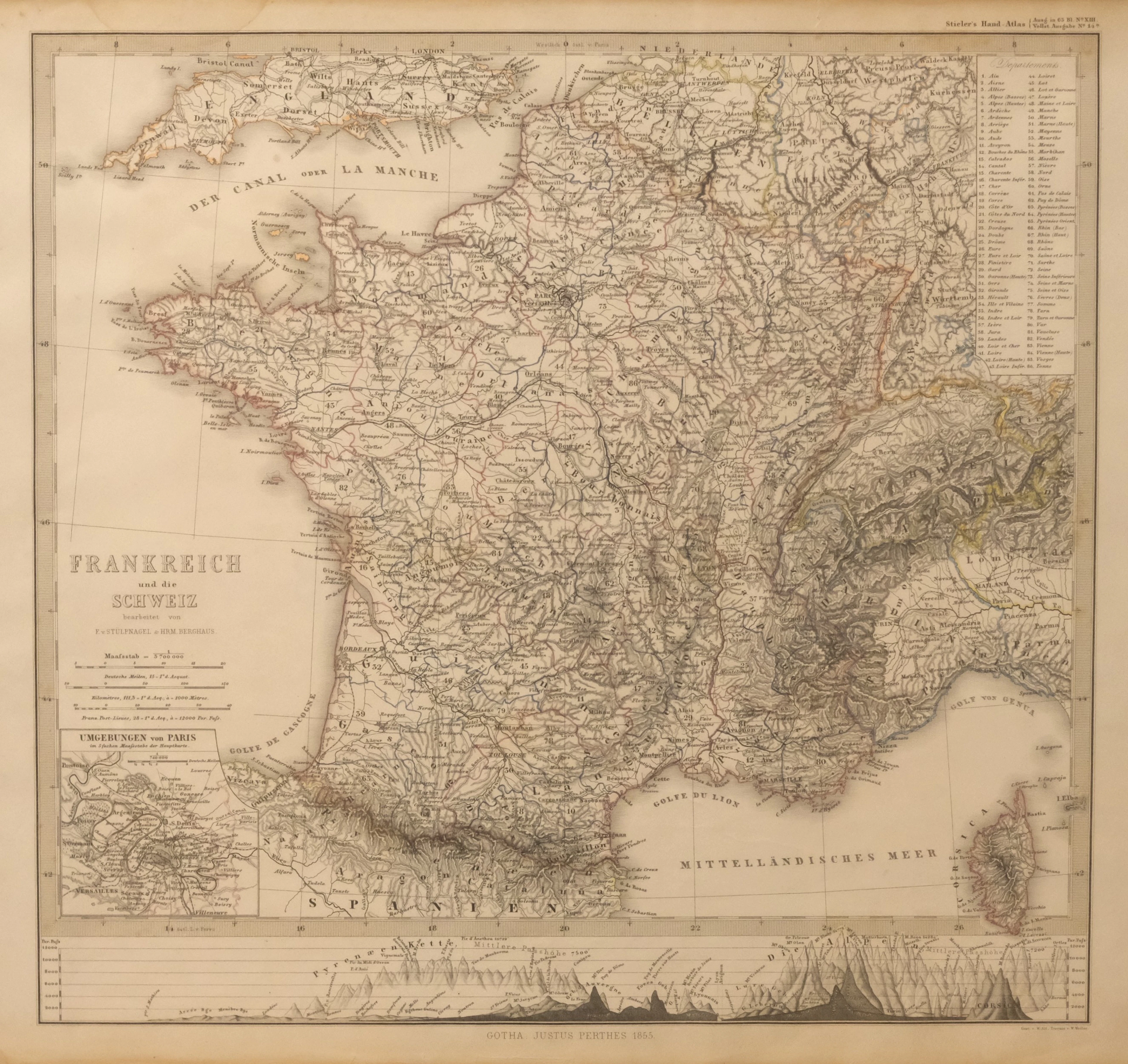 KARTA ÖVER FRANKRIKE OCH SCHWEIZ. UR STIELER'S HAND-ATLAS, 1855.
