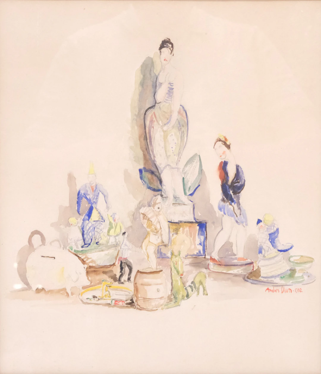 ANDERS OLSON. AKVARELL. STILLEBEN, KOMPOSITION MED FIGURINER OCH SPARGRIS.