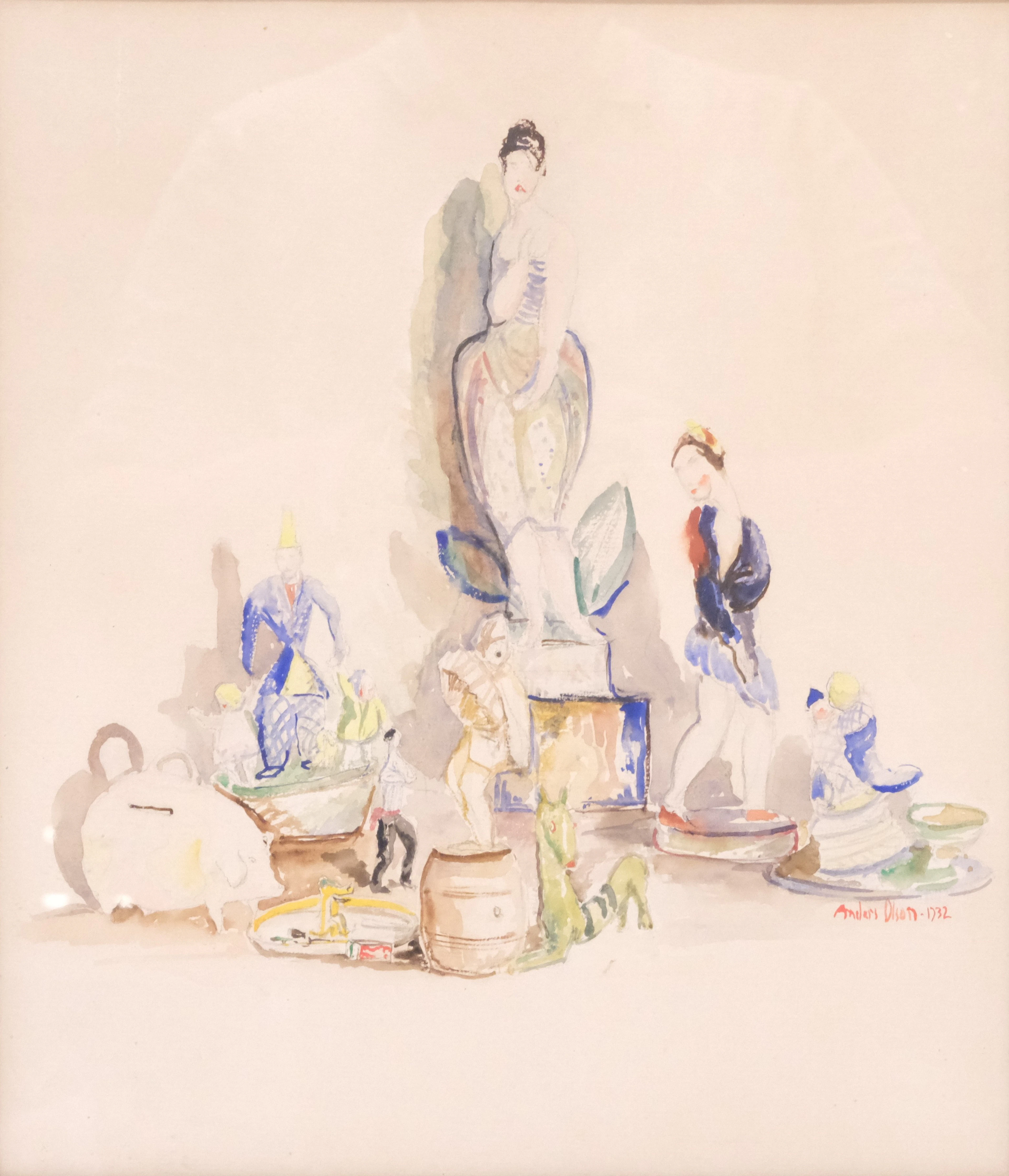 ANDERS OLSON. AKVARELL. STILLEBEN, KOMPOSITION MED FIGURINER OCH SPARGRIS.