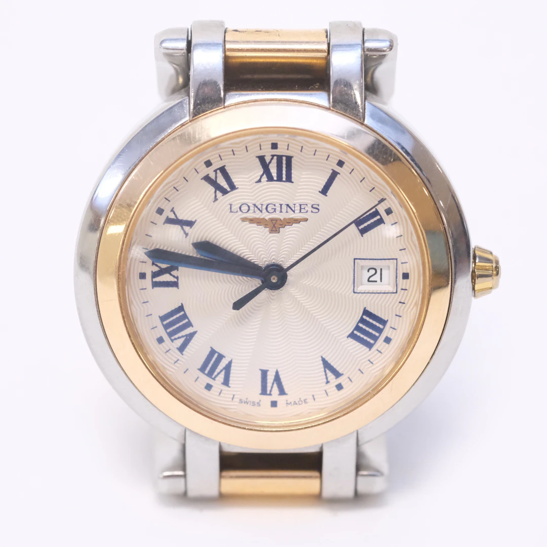 LONGINES, DAMUR, PRIMA LUNA, GULD PÅ STÅL, QUARTZ.