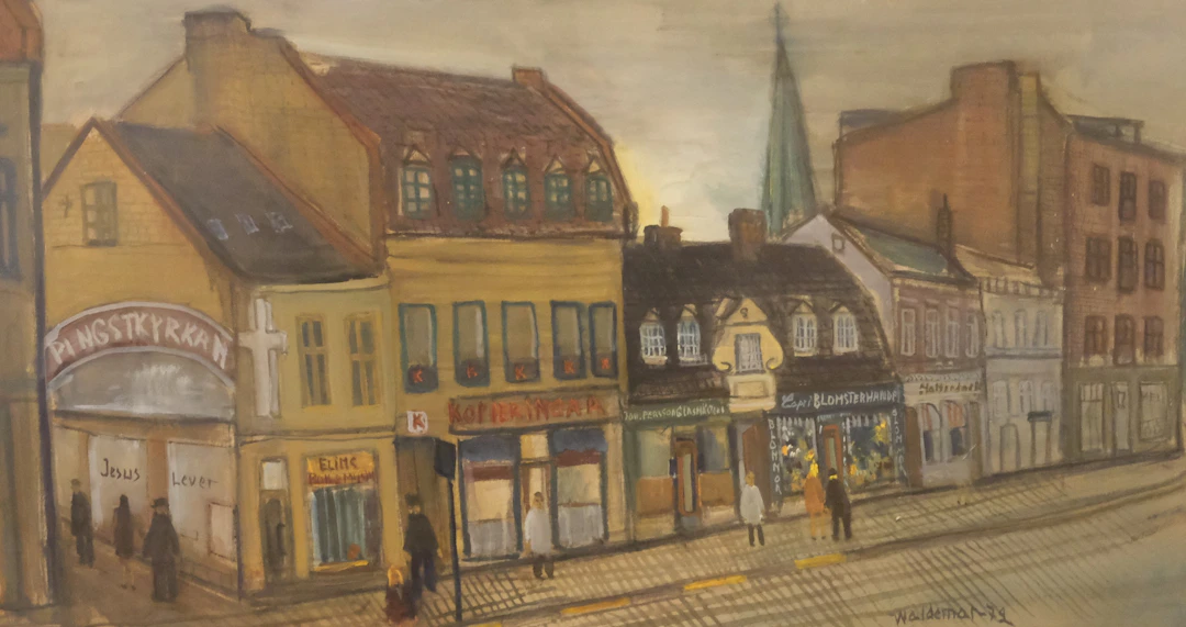 ÅKE WALDEMAR LARSSON. GOUACHE. MOTIV FRÅN DJÄKNEGATAN, MALMÖ.