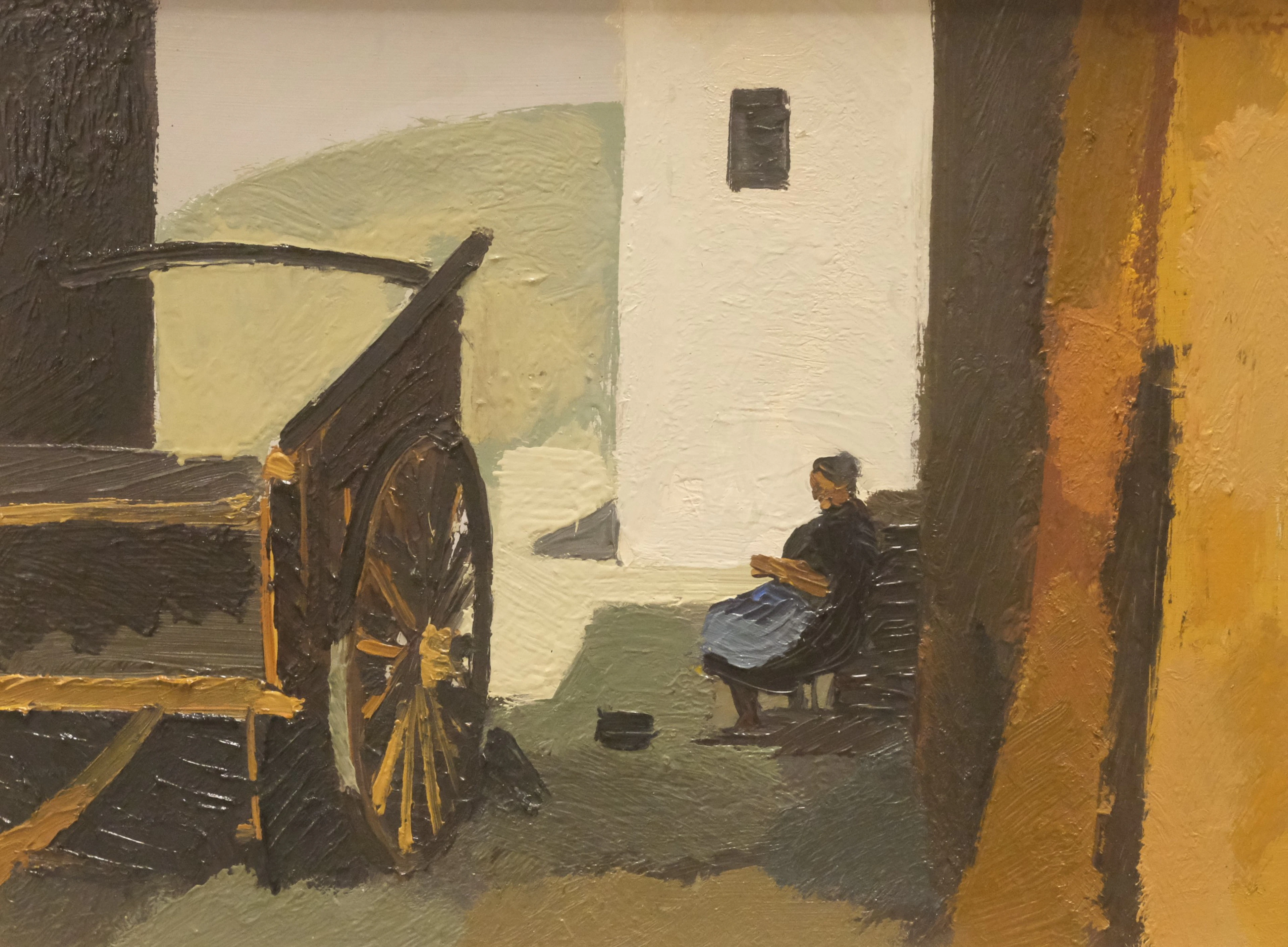 GERHARD NORDSTRÖM. GÅRDSMOTIV MED VAGN OCH KVINNA, OLJA PÅ PANNÅ.