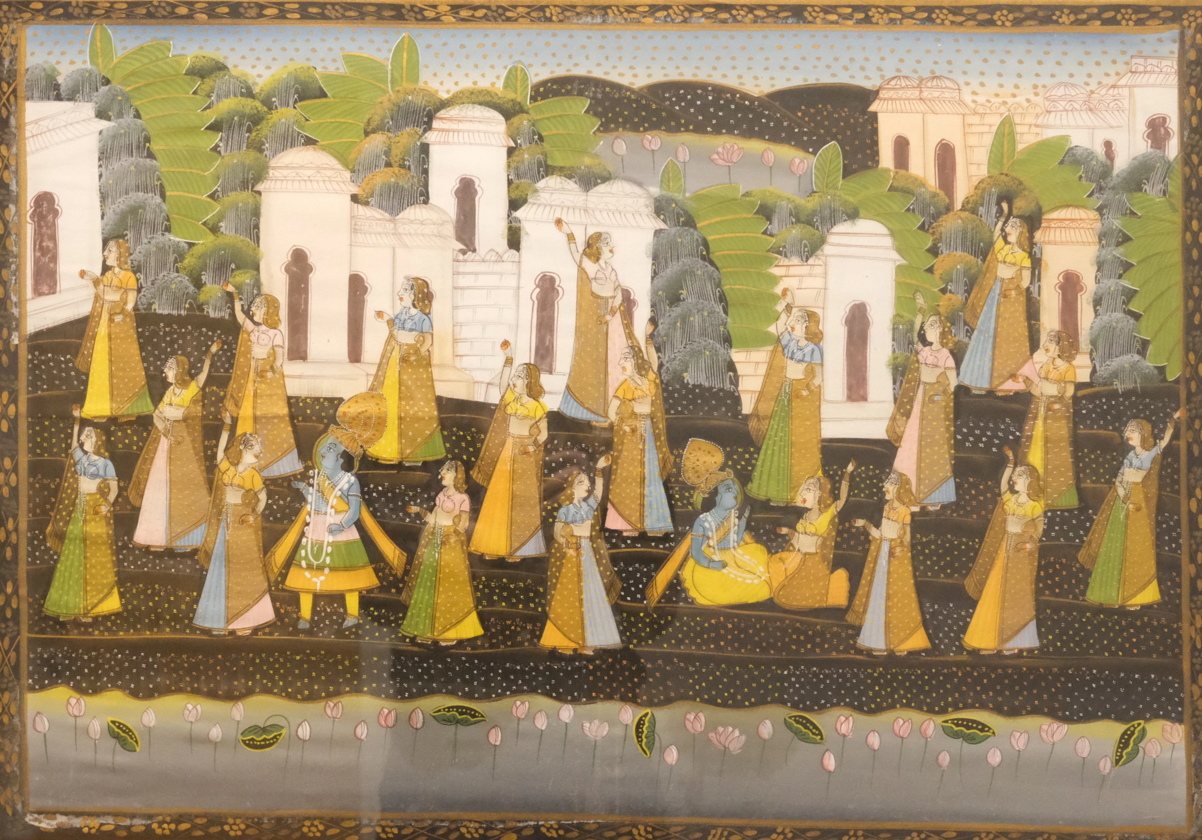 AKVARELL PÅ DUK, ORIENTALISK, DANSANDE KVINNOR.