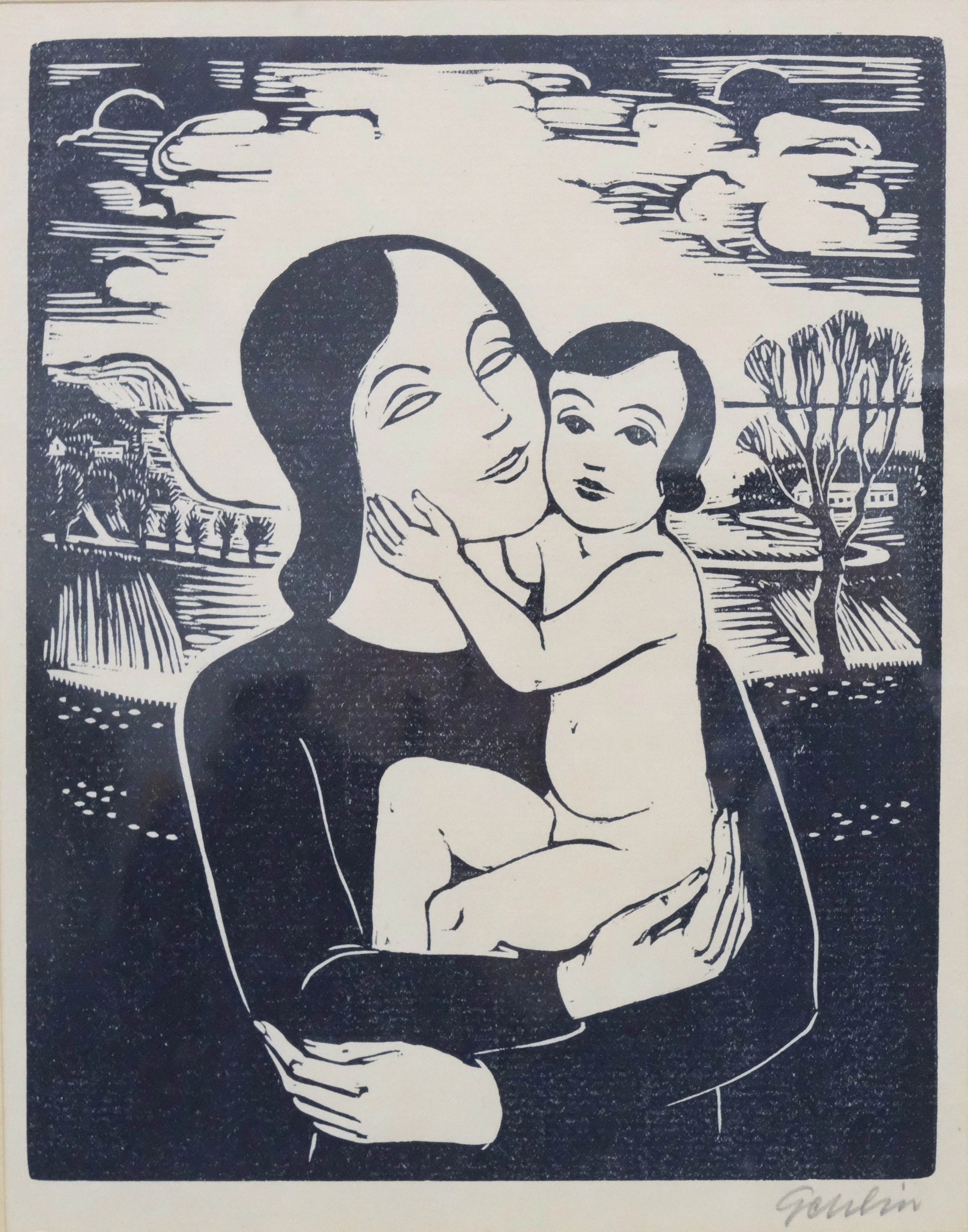 HUGO GEHLIN. TRÄSNITT, KVINNA MED BARN.