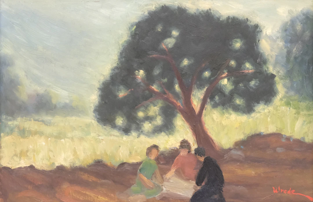 ERNST WREDE. "SÄLLSKAP UNDER TRÄDET", OLJA PÅ PANNÅ.