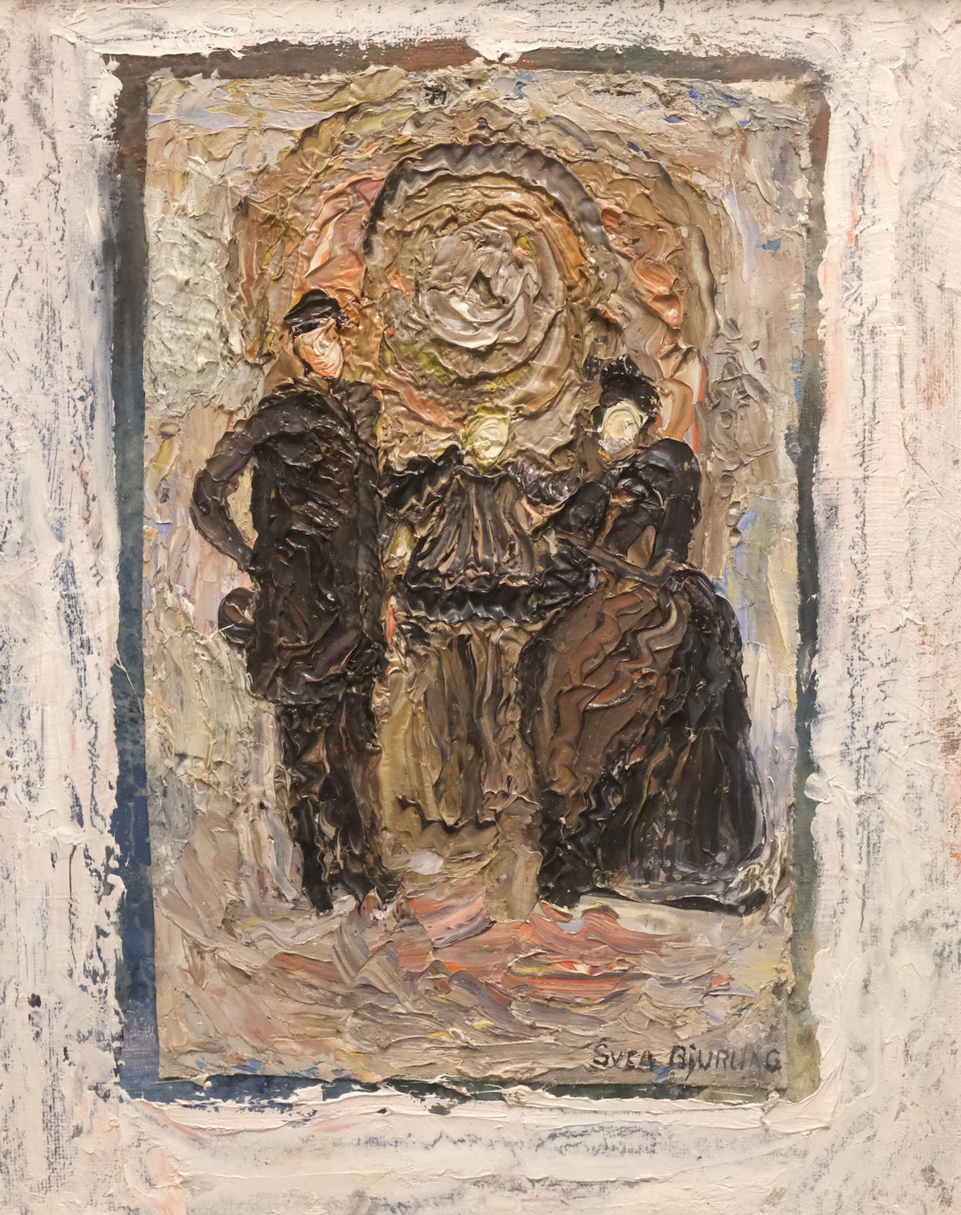 SVEA BJURLING. OLJA PÅ DUK OCH PANNÅ. ABSTRAKT FIGURKOMPOSITION.