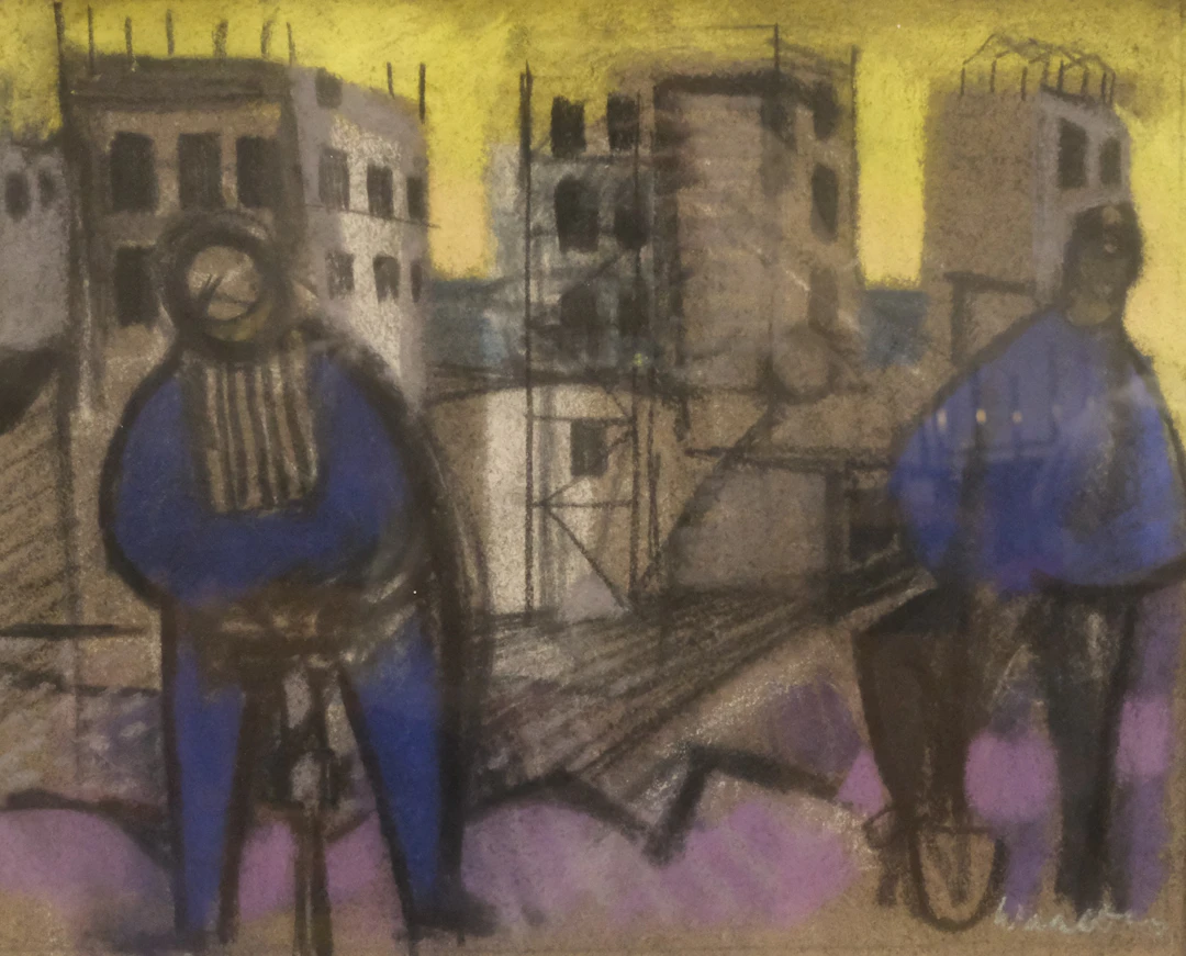BERTIL WAHLBERG. PASTELL. ABSTRAKT KOMPOSITION, STADSMILJÖ MED ARBETANDE