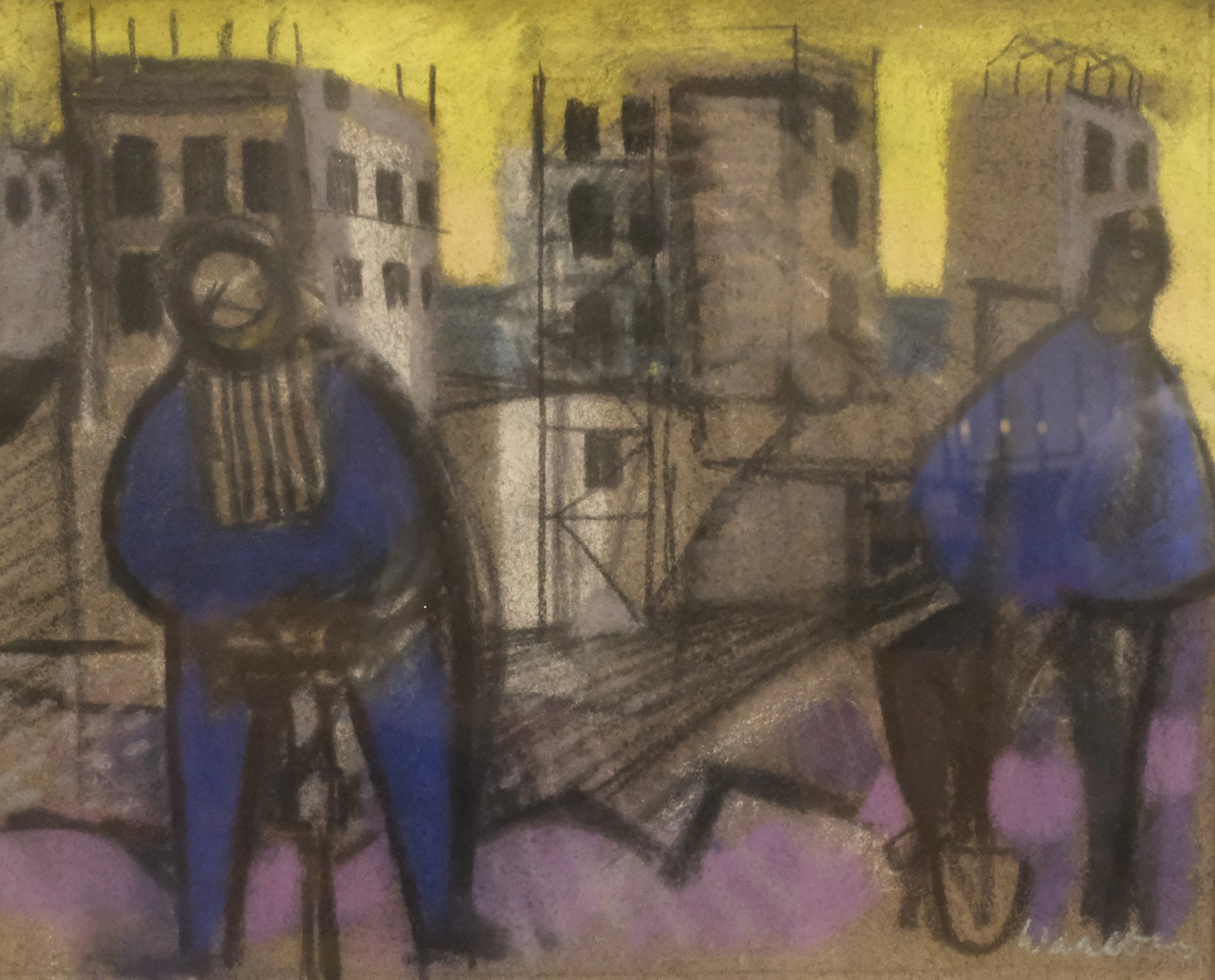 BERTIL WAHLBERG. PASTELL. ABSTRAKT KOMPOSITION, STADSMILJÖ MED ARBETANDE