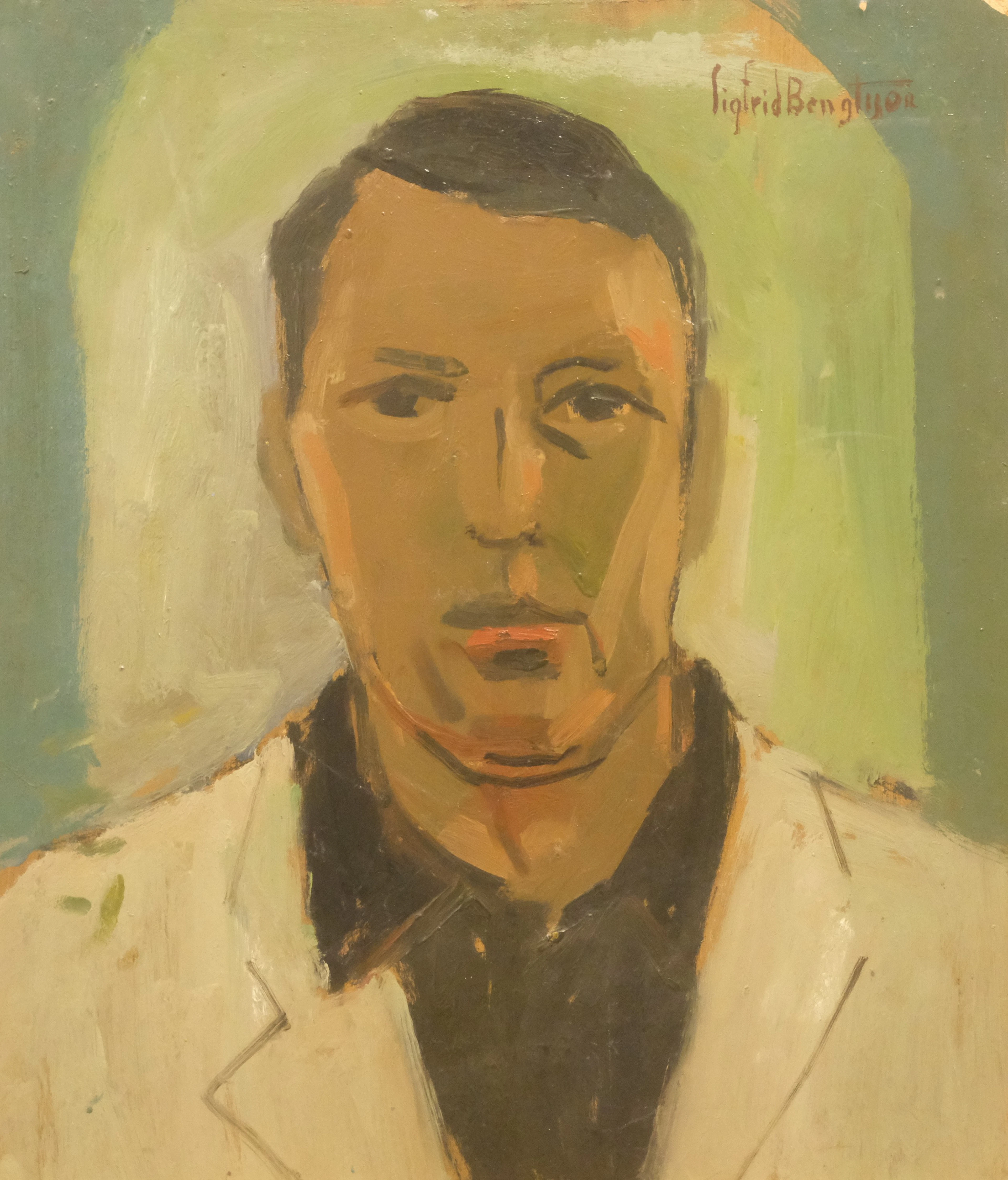 SIGFRID BENGTSSON. SJÄLVPORTRÄTT, OLJA PÅ PANNÅ, SIGNERAD.