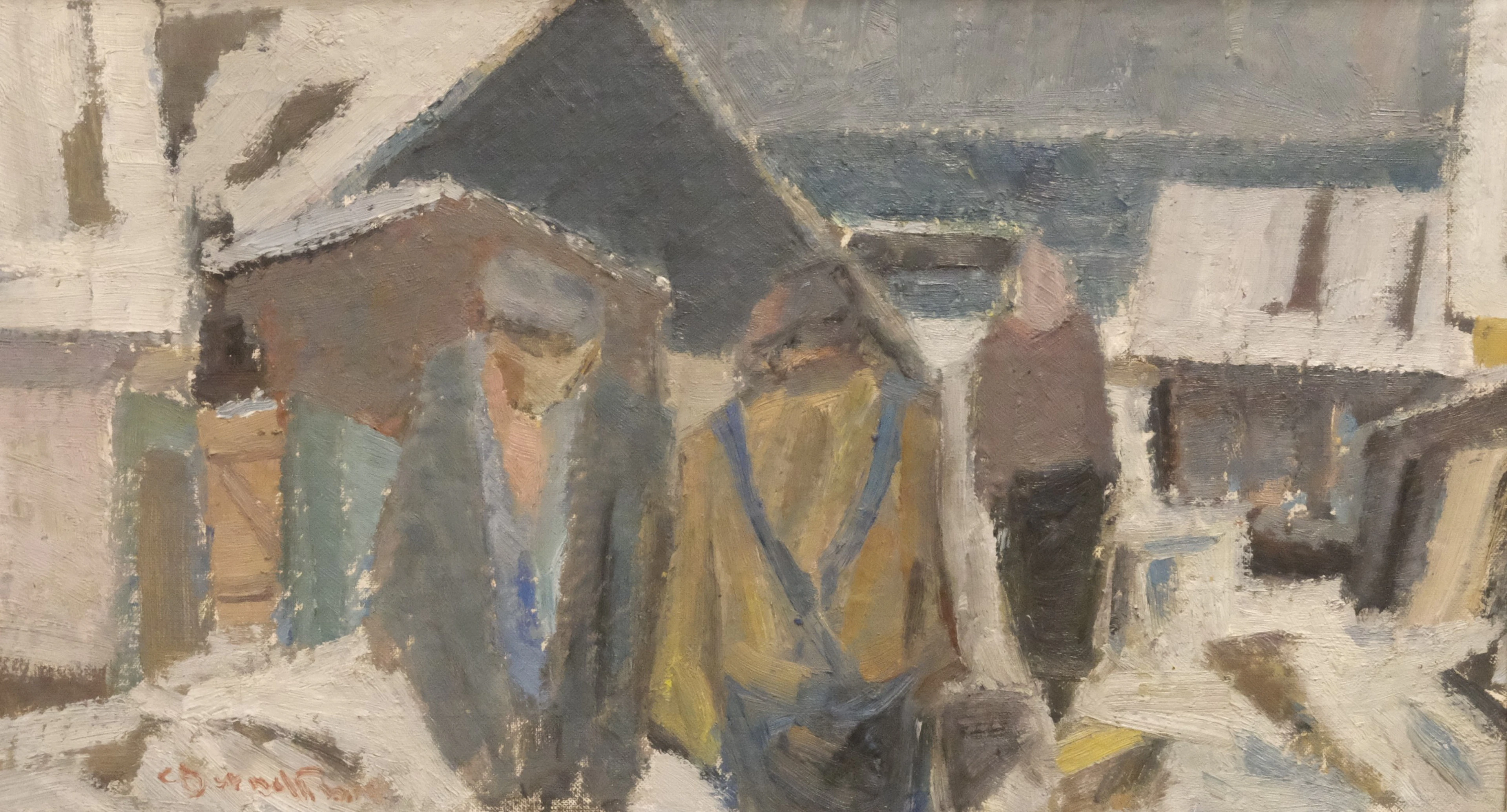 CARL BERNDTSSON. OLJA PÅ DUK. ABSTRAKT BYAMOTIV MED FIGURER.