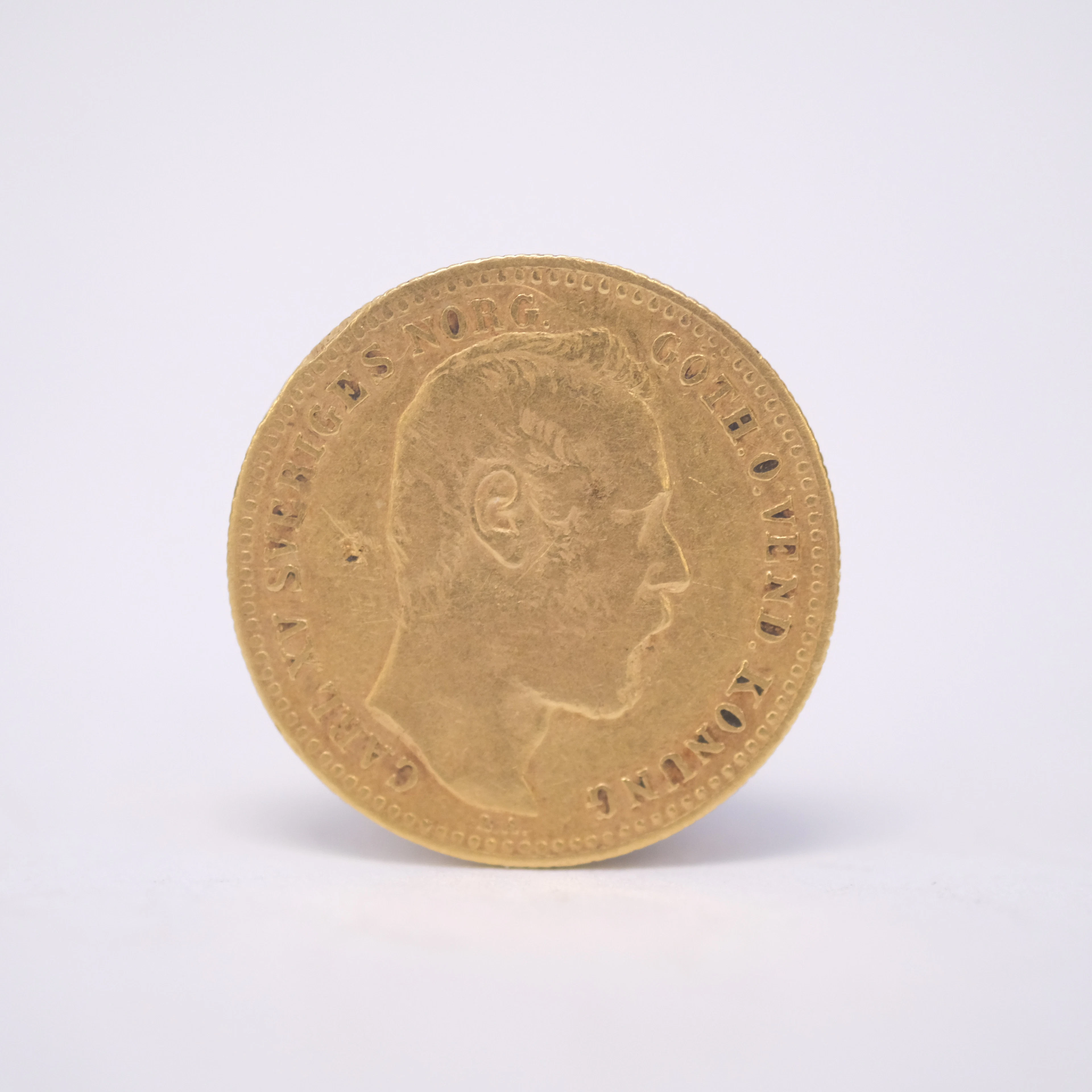 GULDMYNT, 21,6K, 10 FRANCS, 1 CAROLIN, CARL XV SVERIGES OCH NORGES KONUNG 1868.
