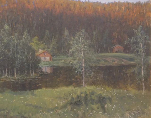 ANSHELM SCHULTZBERG. OLJA PÅ DUK. SKOGSMOTIV MED INSJÖ OCH STUGA