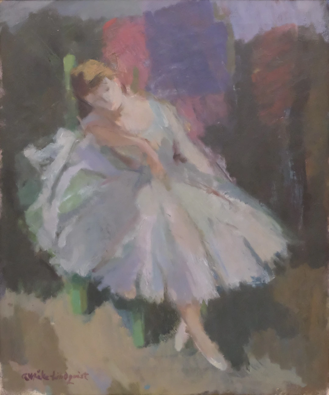 GERTRUD WRÅKE-LINDQUIST. OLJA PÅ DUK. SITTANDE VILANDE BALLERINA.
