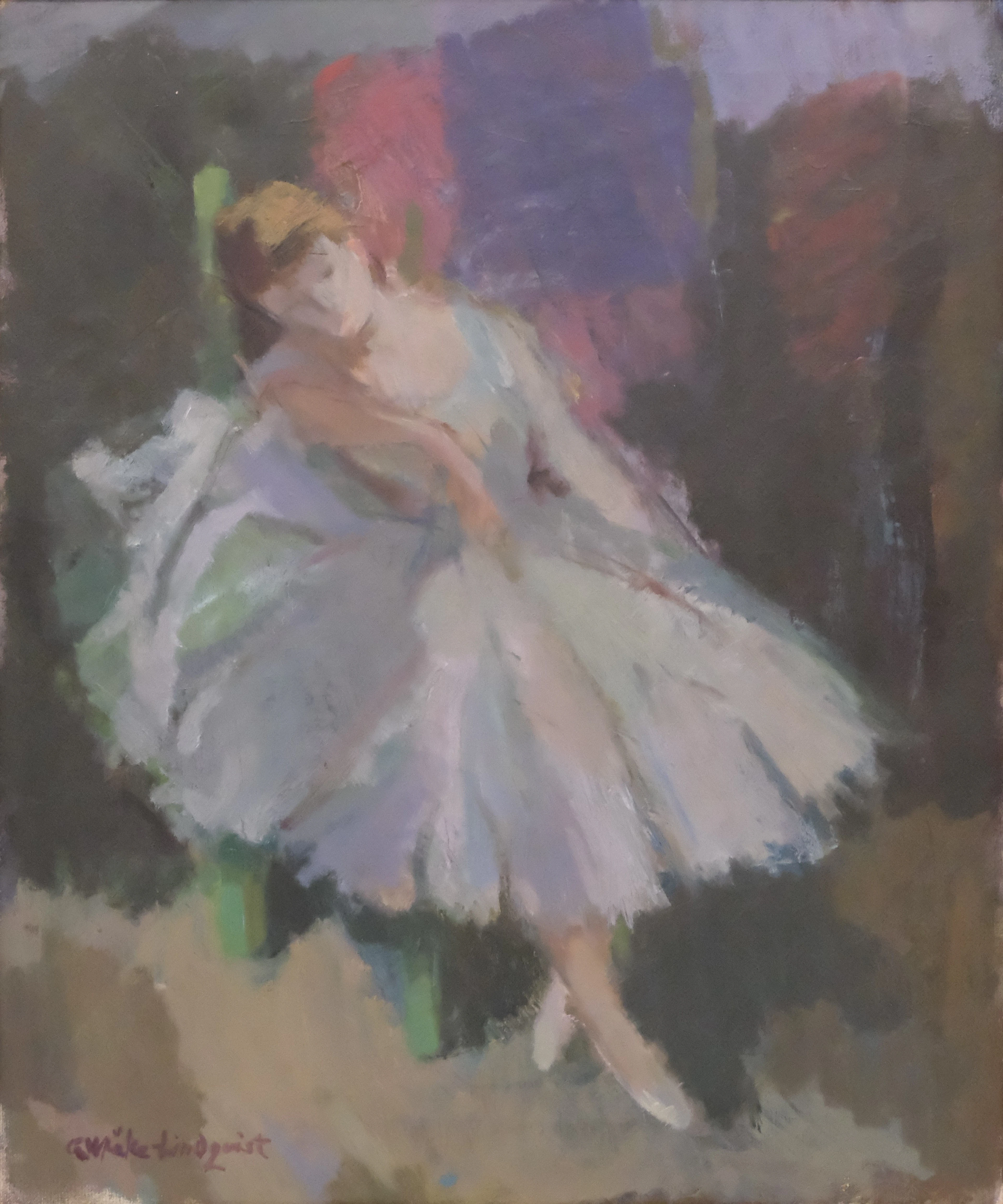 GERTRUD WRÅKE-LINDQUIST. OLJA PÅ DUK. SITTANDE VILANDE BALLERINA.