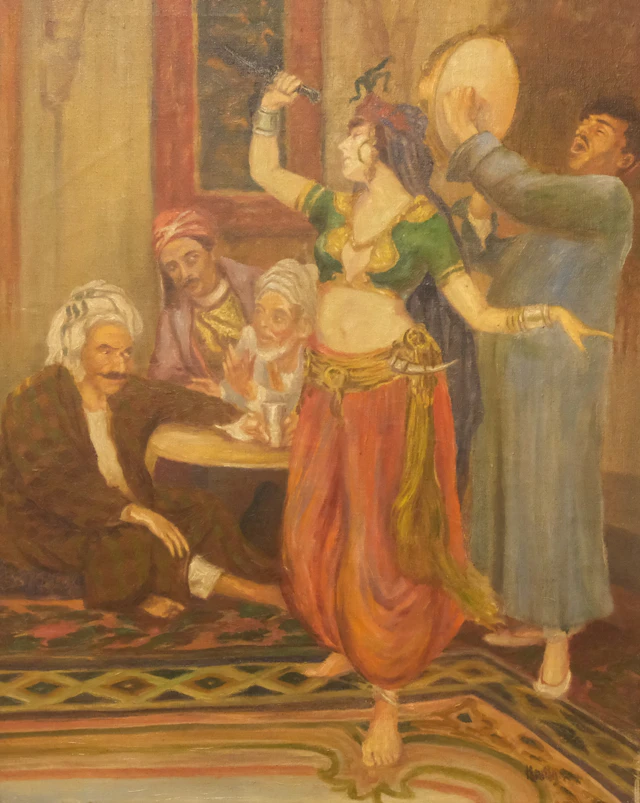 OIDENTIFIERAD KONSTNÄR. OLJA PÅ DUK. DANSSCEN MED MAGDANSÖS. 1900-TALETS