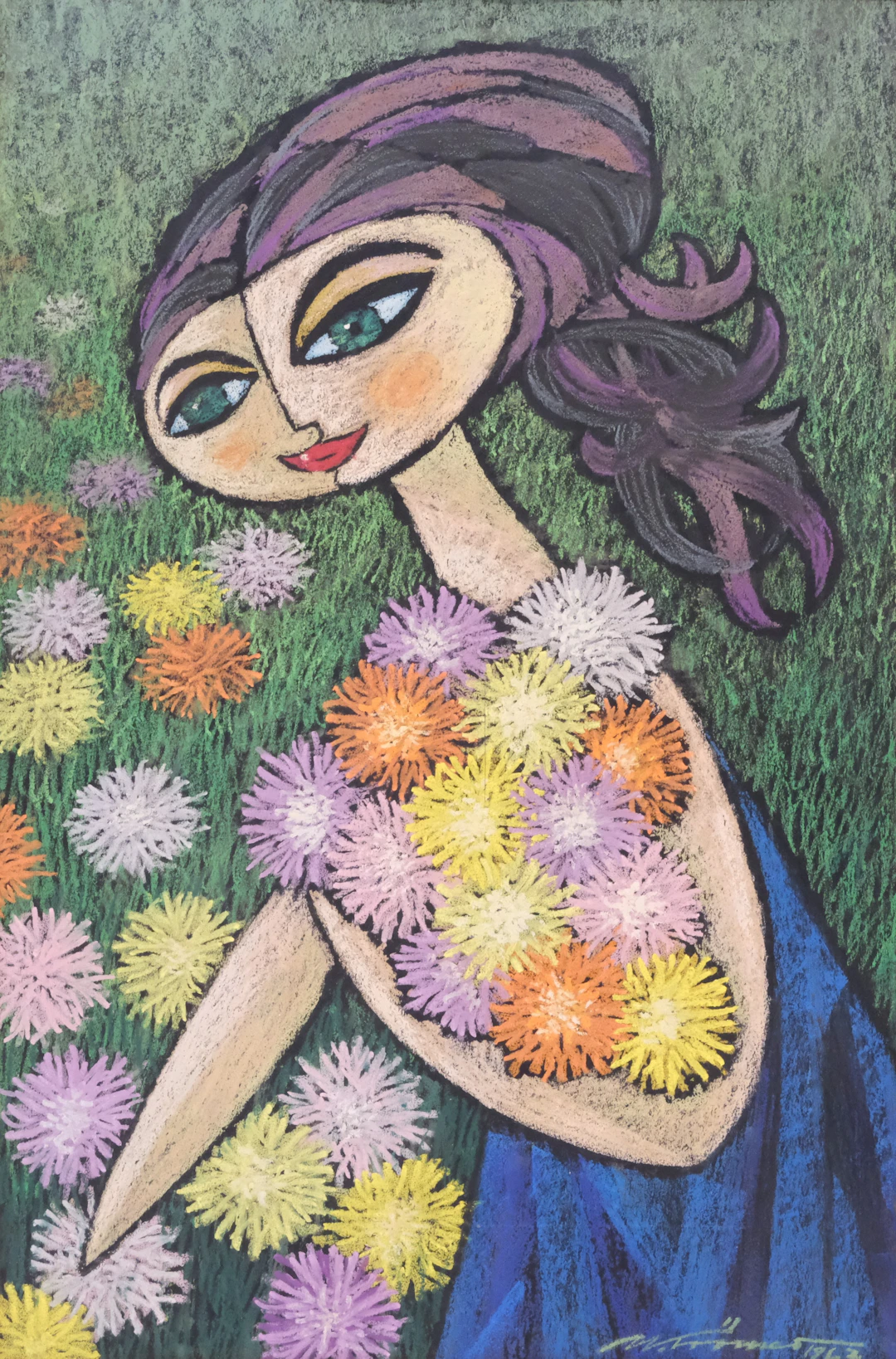 OIDENTIFIERAD KONSTNÄR. KVINNA MED BLOMMOR, PASTELL, SIGNERAD, 1967.