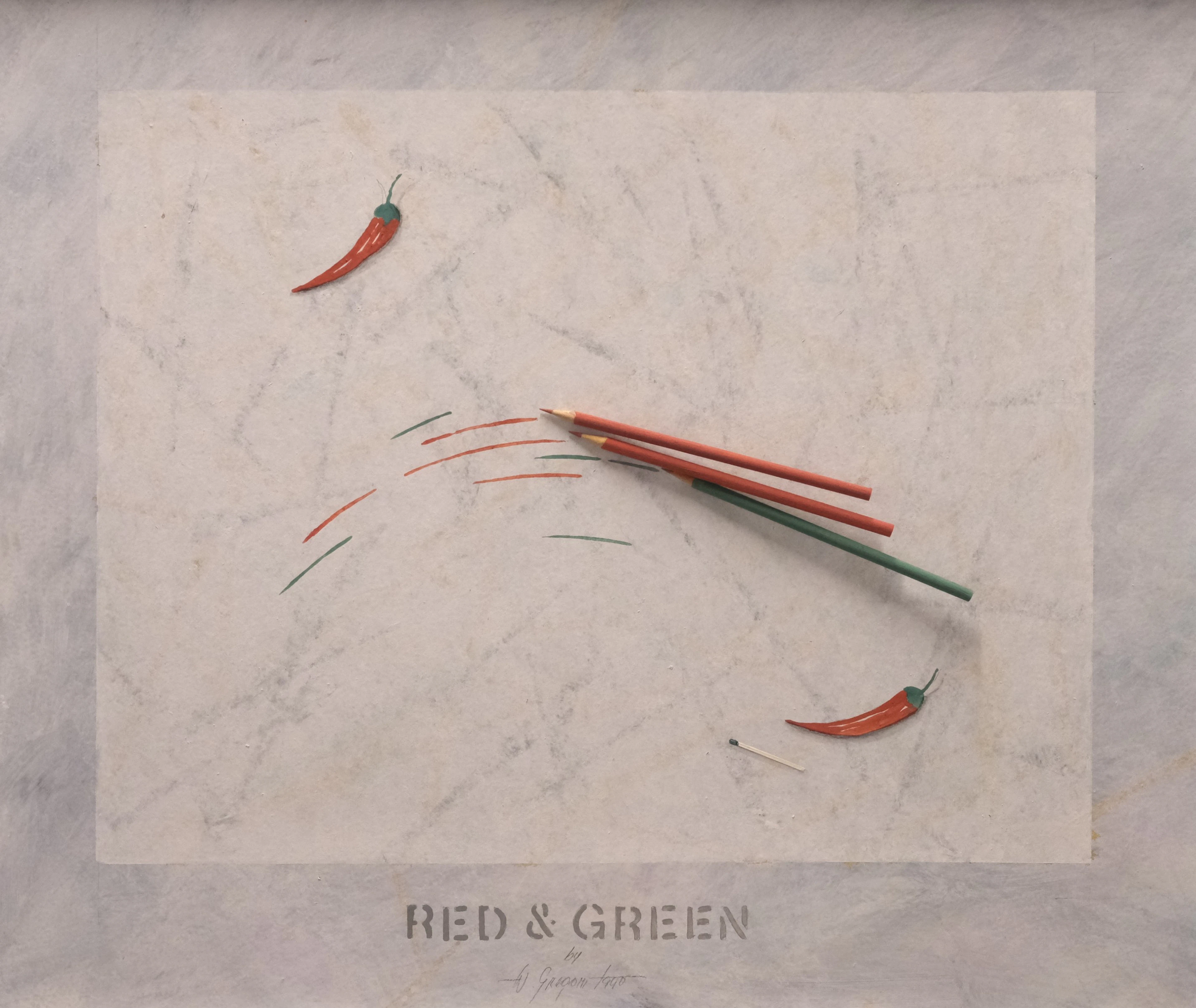 WERNER GREGORI. BLANDTEKNIK, "RED & GREEN", KOMPOSITION MED PENNOR
