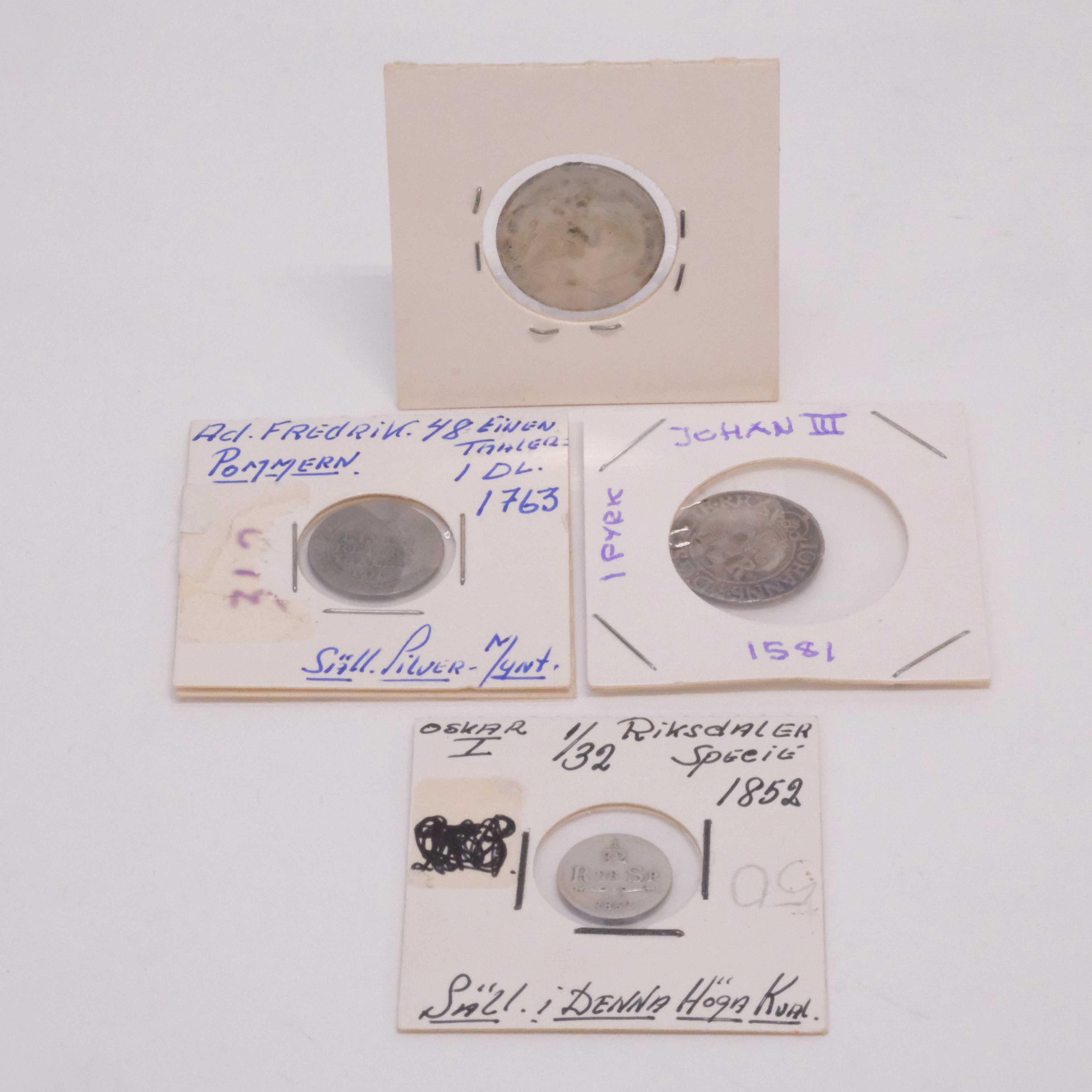 FYRA SVENSKA SILVERMYNT, 1500-TAL, 1700-TAL OCH 1800-TAL.
