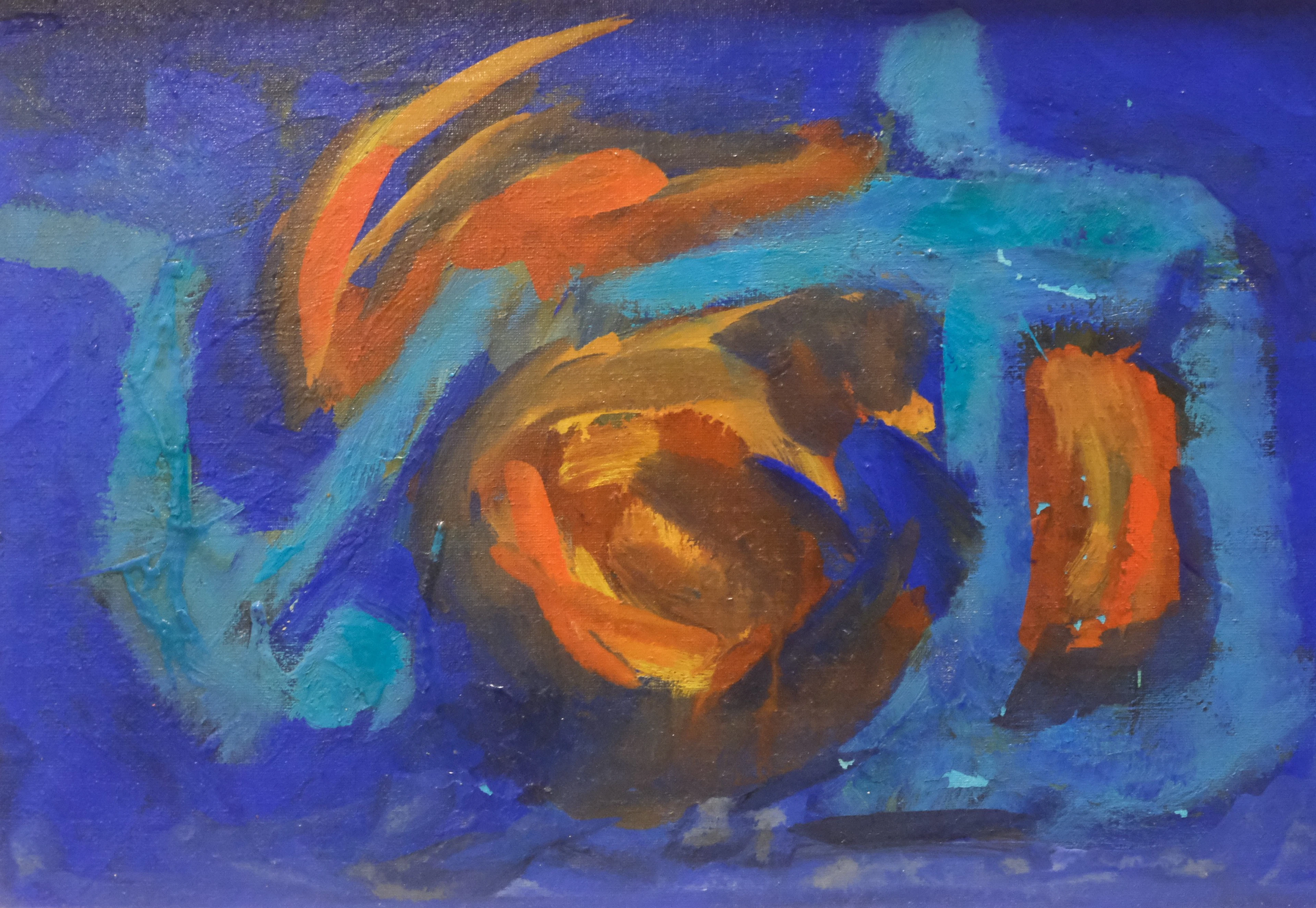 OIDENTIFIERAD KONSTNÄR. "DEN STORA KAMPEN MELLAN...", 1968, OLJA PÅ DUK.