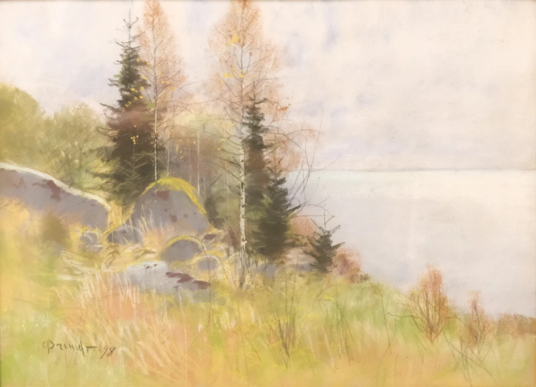 CARL BRANDT. PASTELL. LANDSKAPSMOTIV MED SKOG OCH SJÖ.