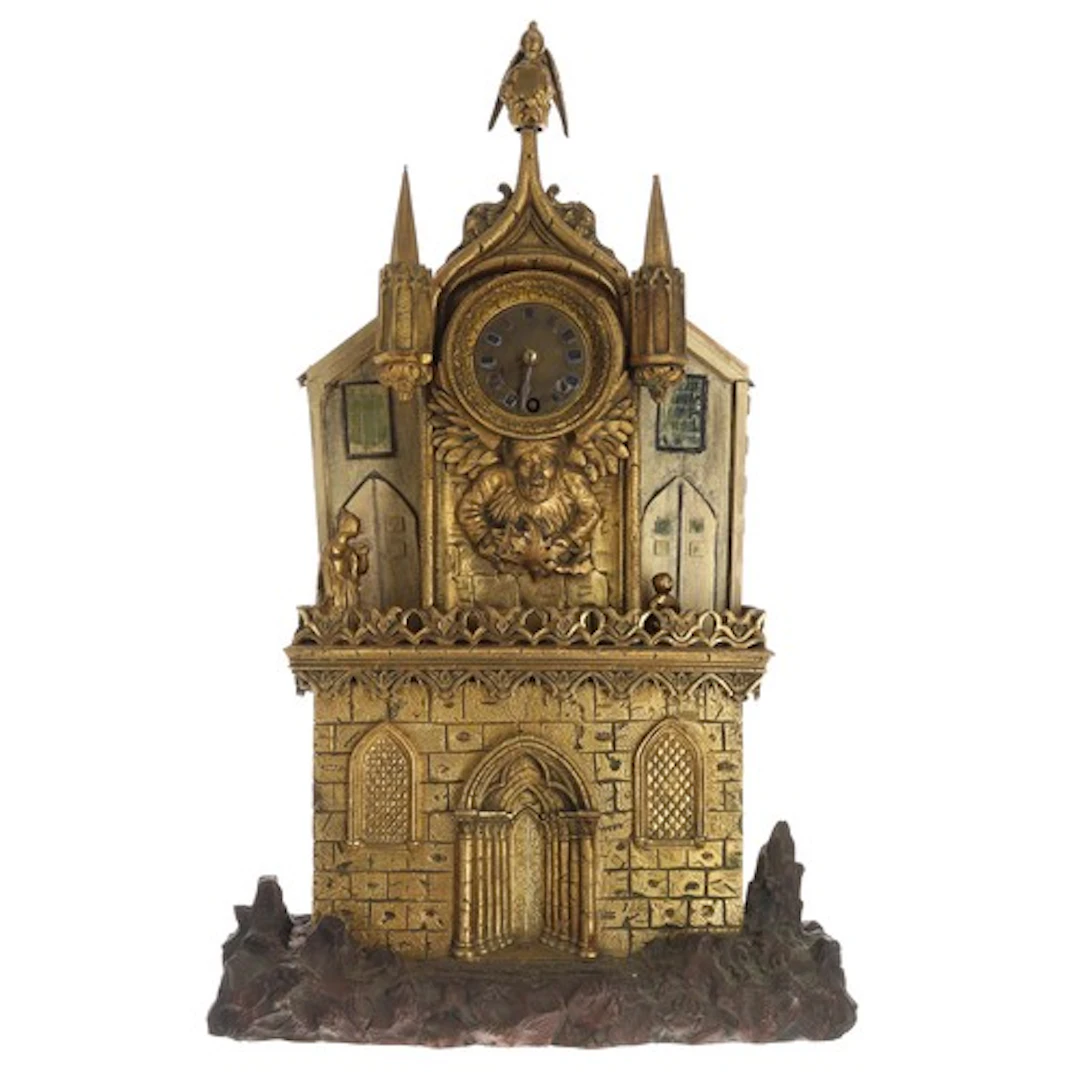 19th century gilt-bronze Gothic church mantel clock timepiec...