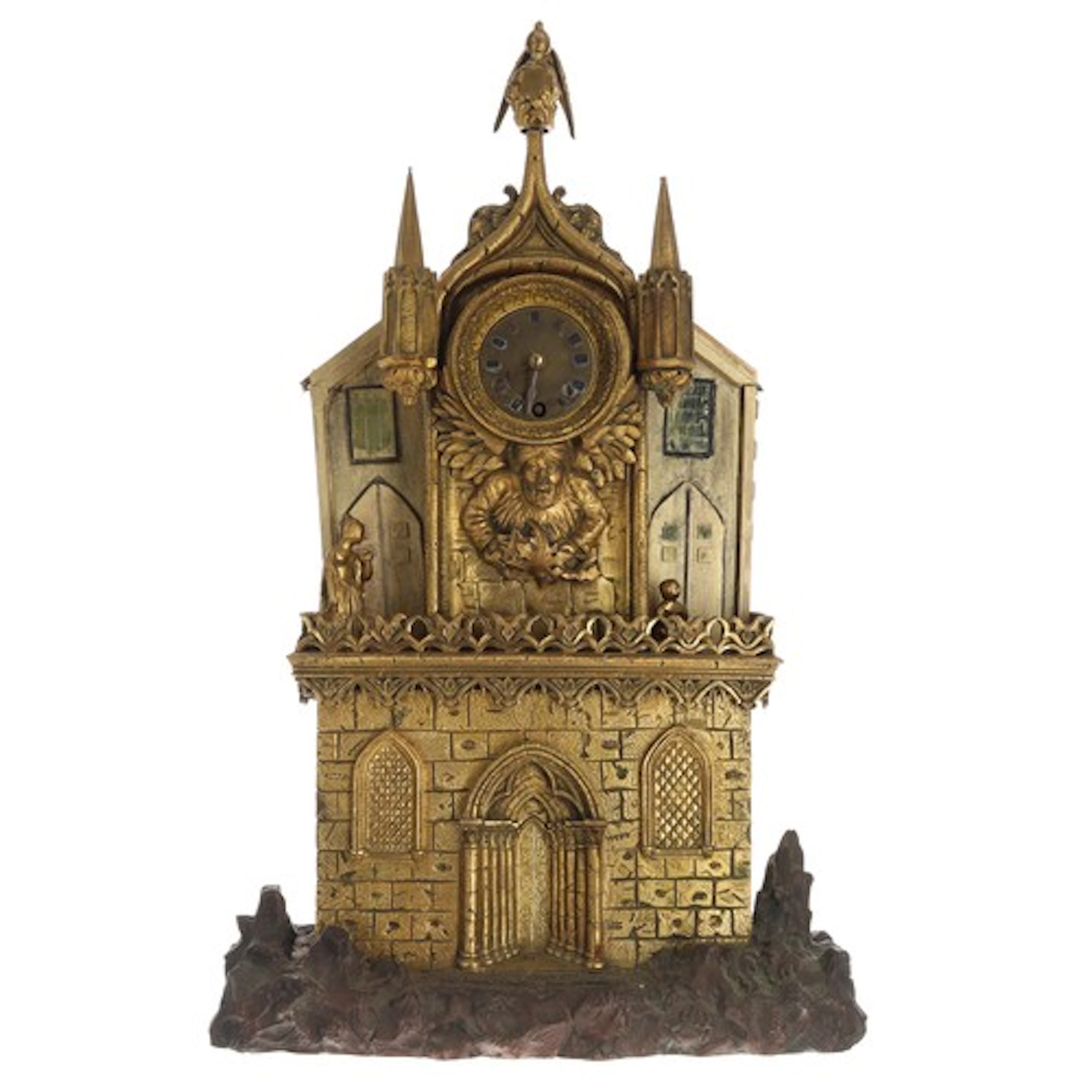 19th century gilt-bronze Gothic church mantel clock timepiec...