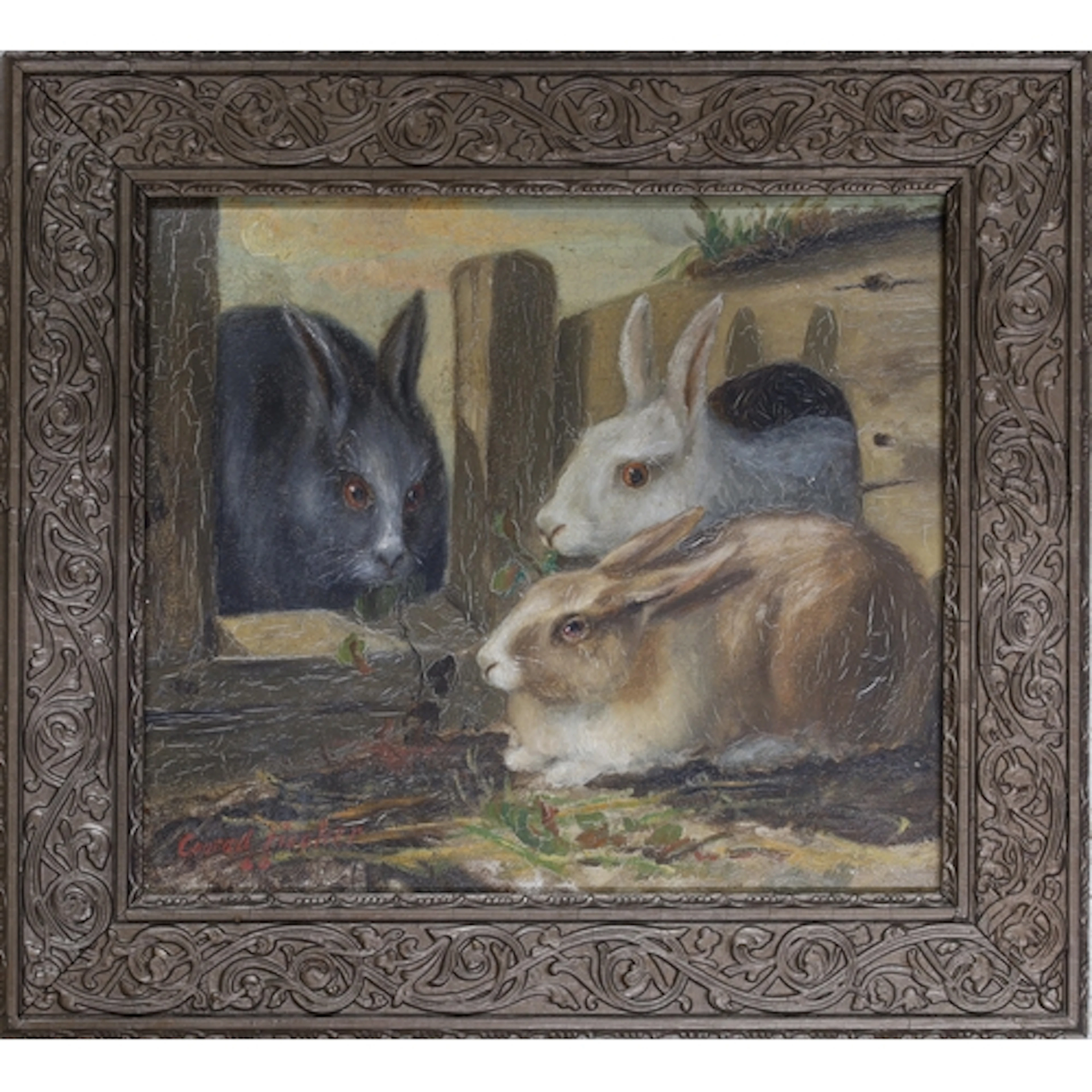Conrad Fischer - Rabbits in a hutch, signed and indistinctly...