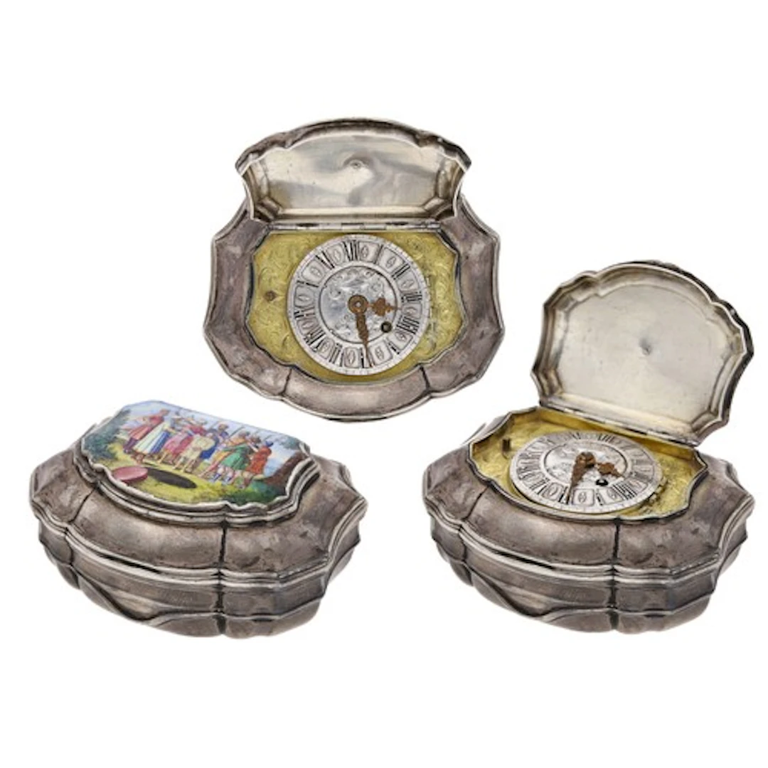 Rare German 18th century silver-gilt and enamel hinged snuff...