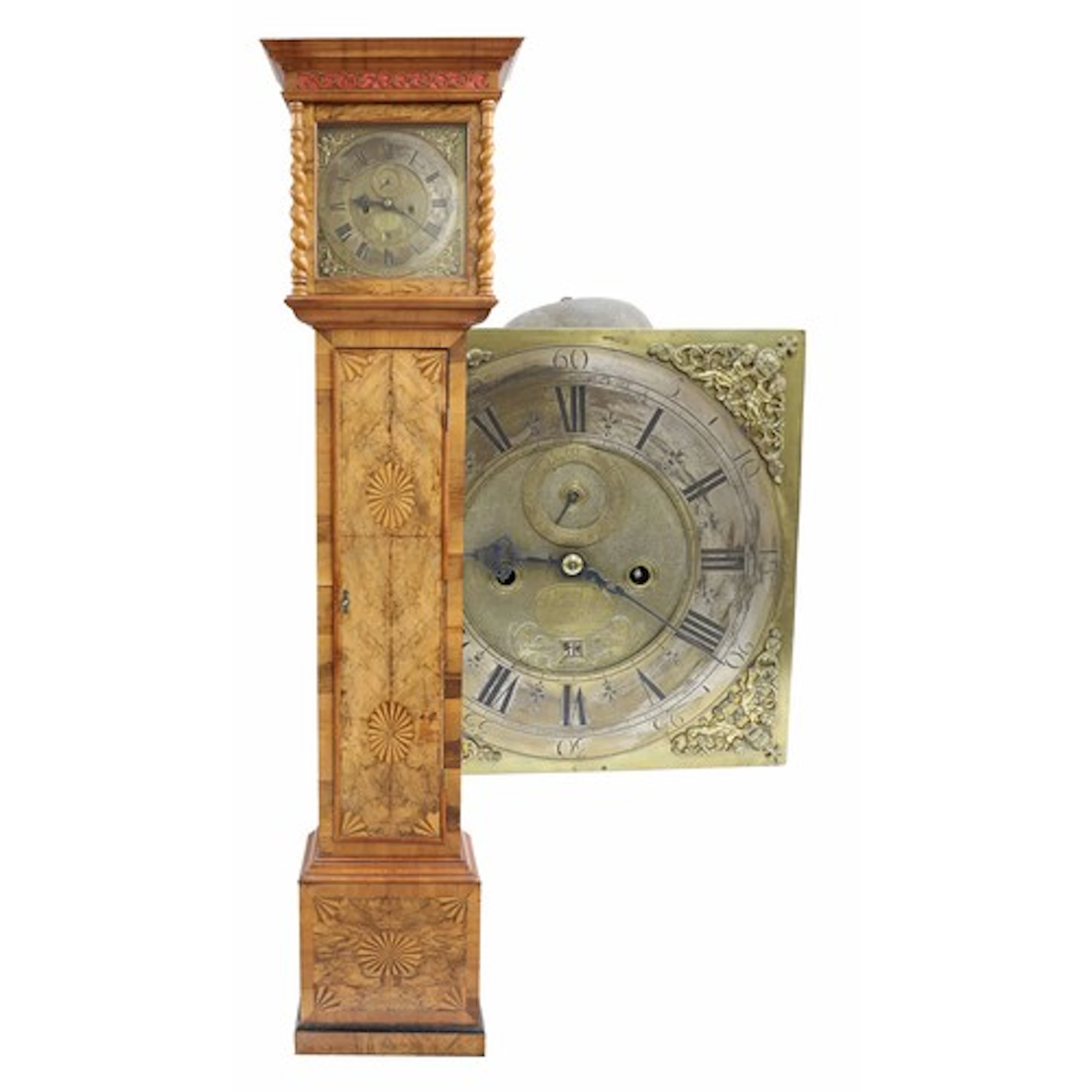 English walnut and marquetry eight-day longcase clock, signe...