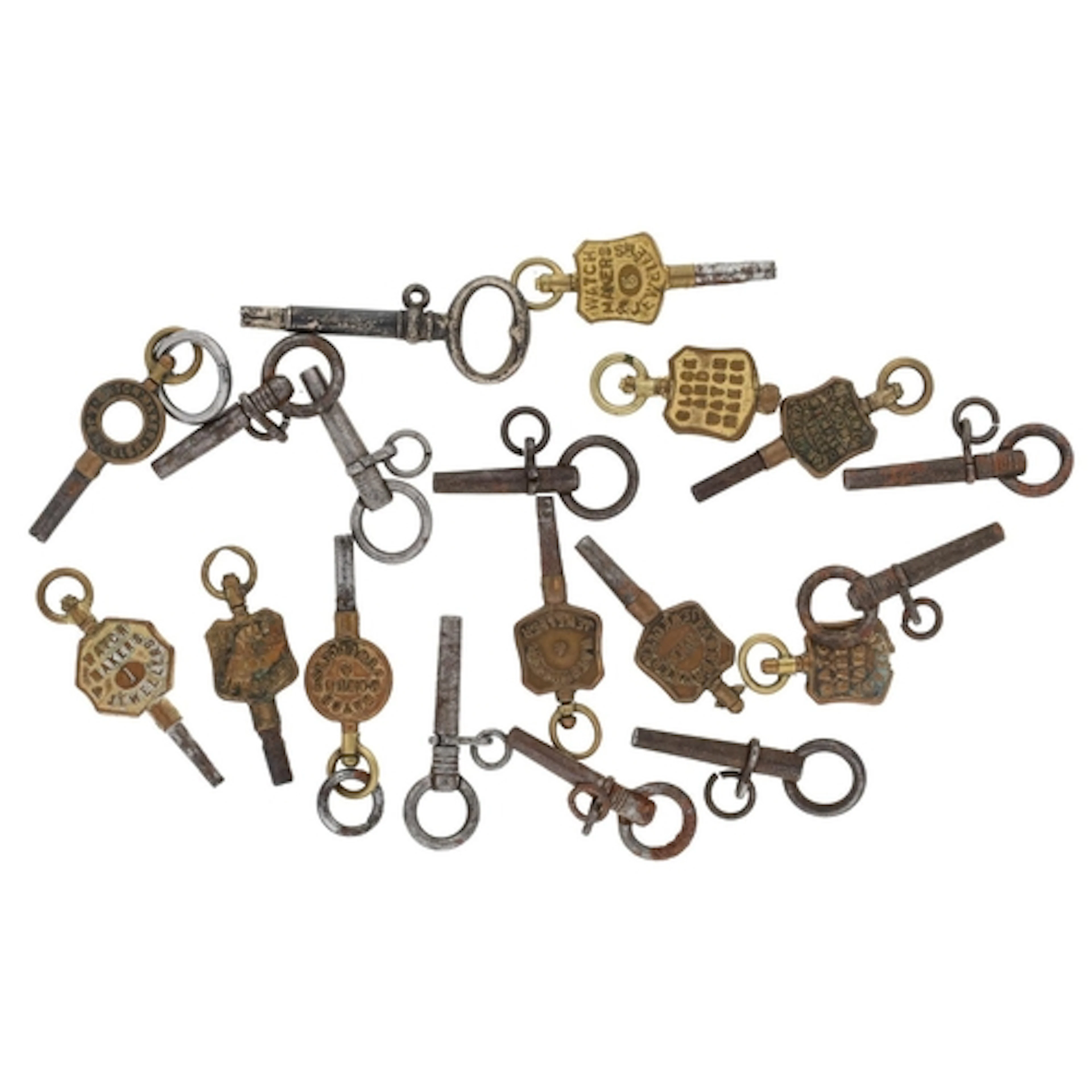 Ten trade pocket watch keys; together with nine crank pocket...