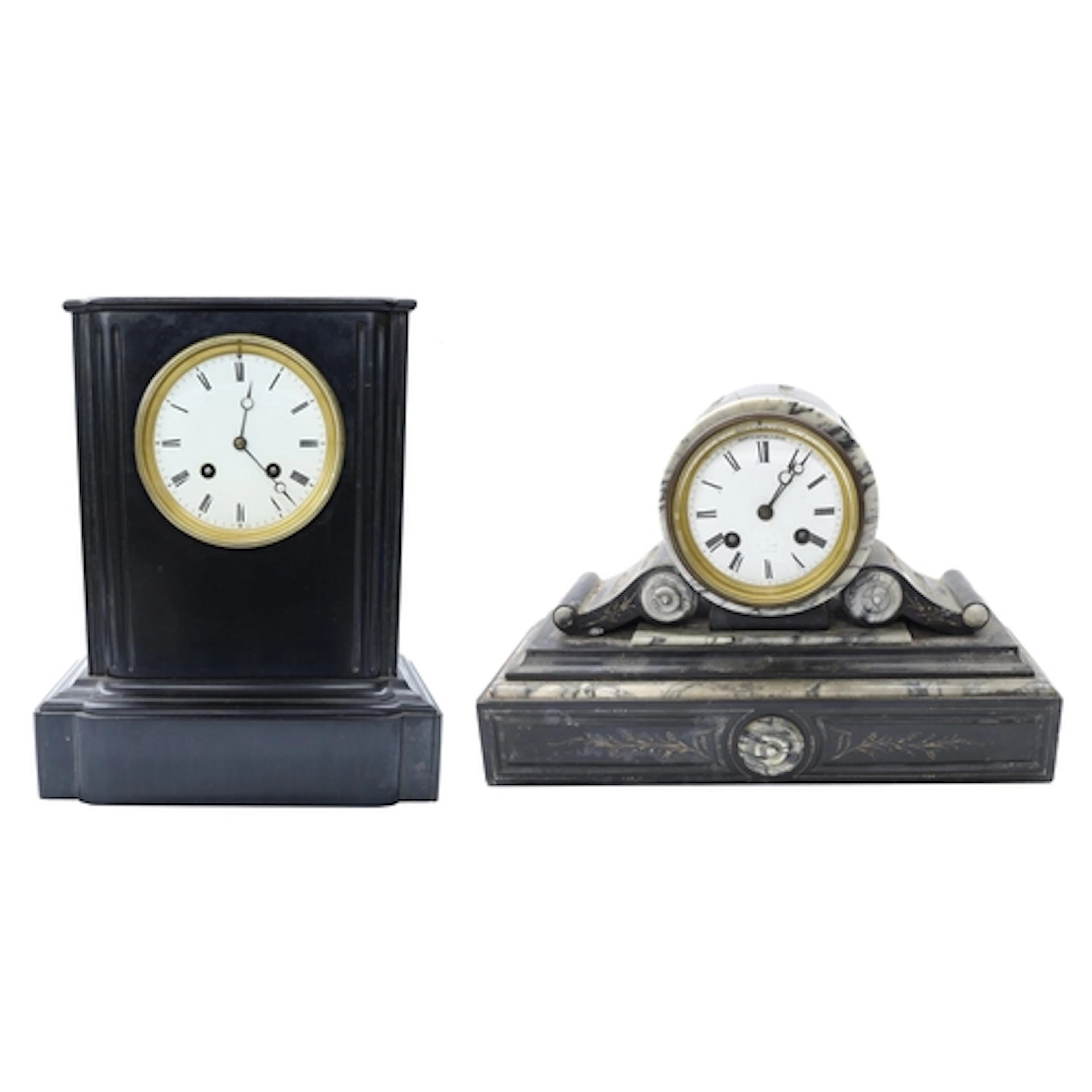 Two black slate mantel clocks to include a drumhead example,...