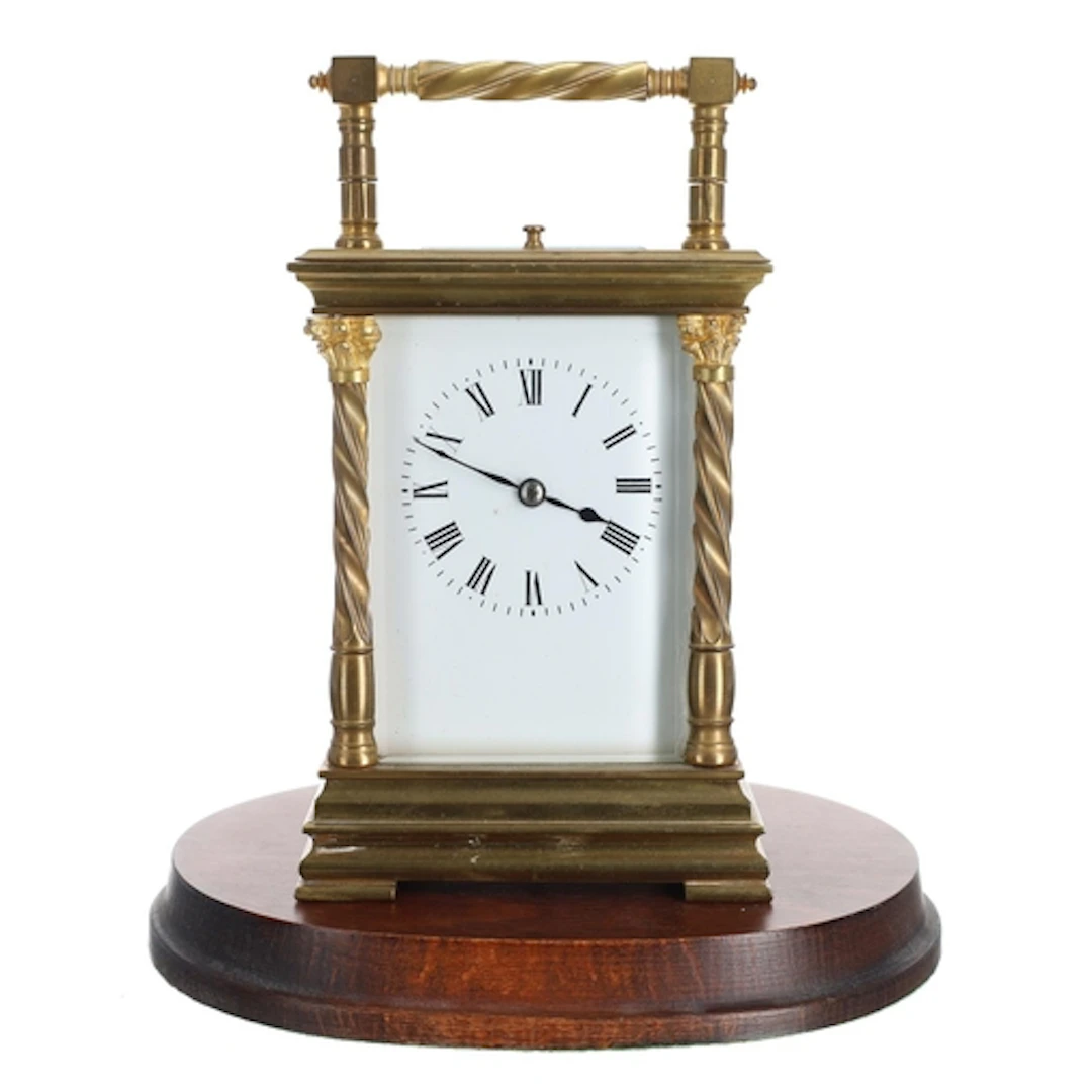 French brass repeating and striking carriage clock, white en...