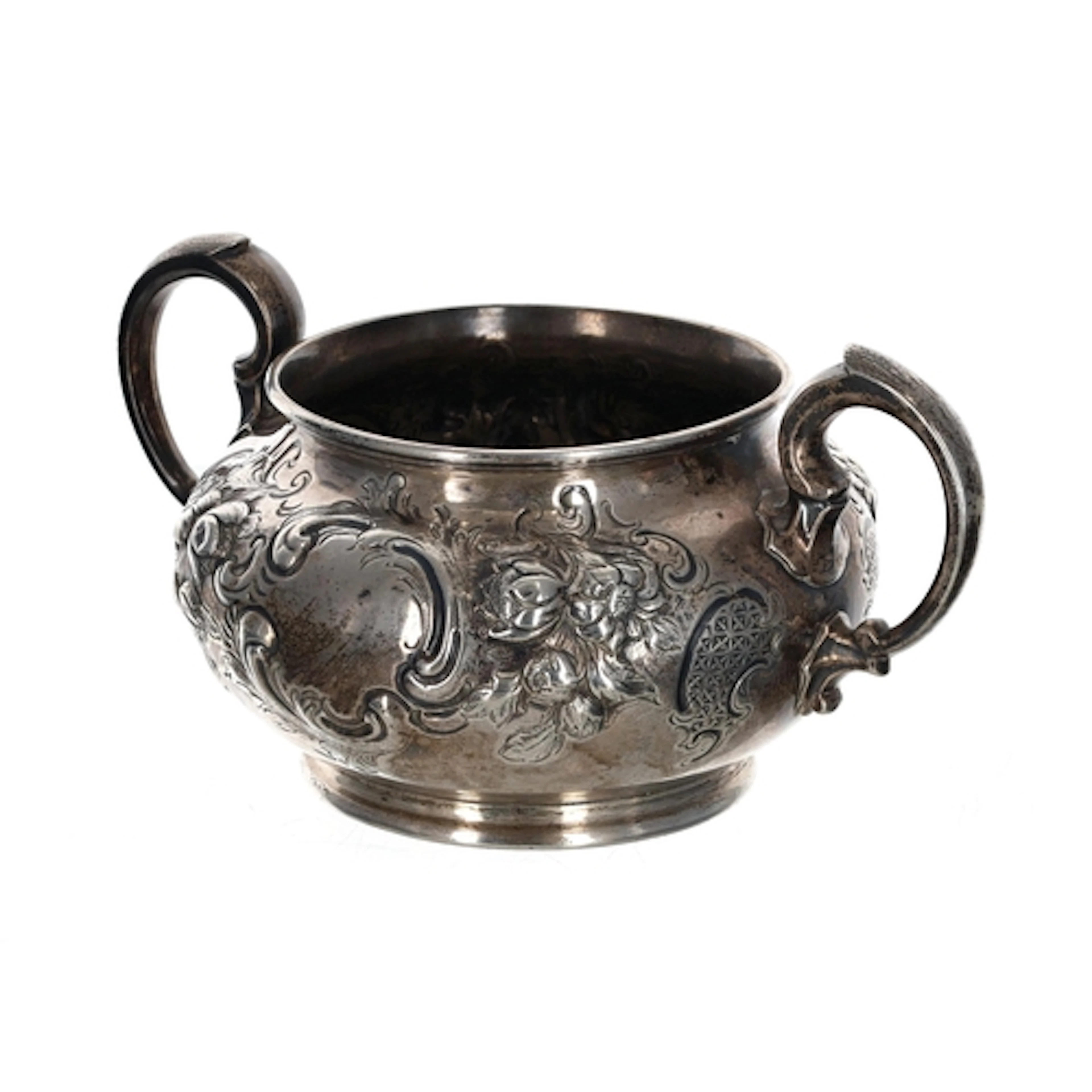 Victorian silver twin handled sugar bowl, leaf capped scroll...