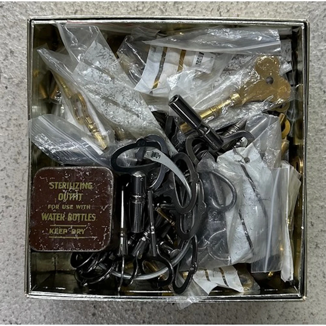 Collection of steel and brass clock keys, to include double-...