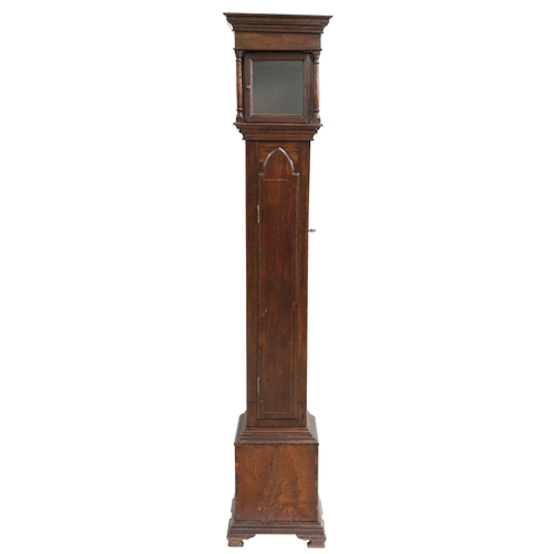 Oak and walnut longcase clock case for a 6" square dial, the...