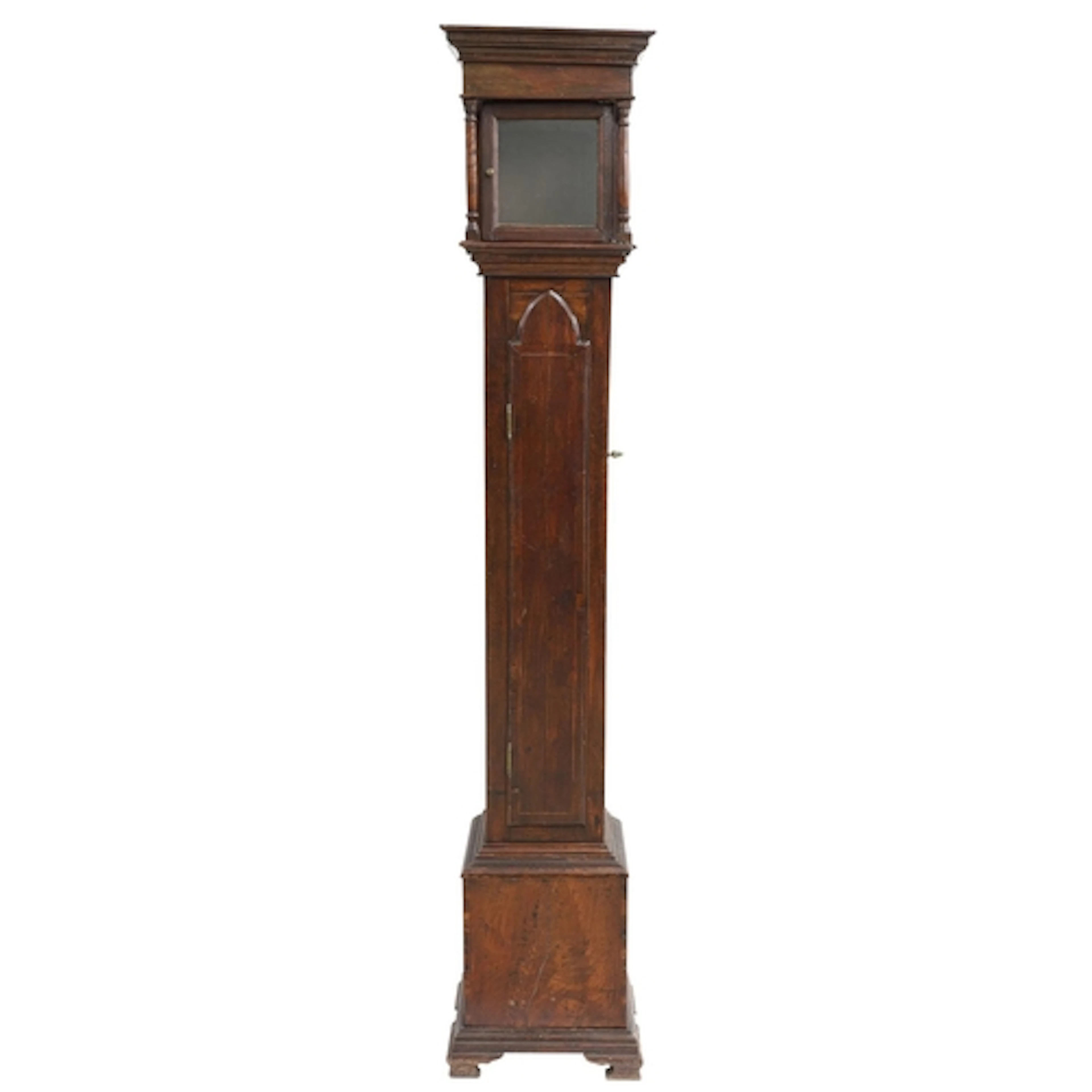 Oak and walnut longcase clock case for a 6" square dial, the...