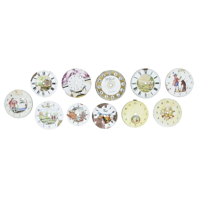 Eleven enamel pocket watch dials to include ten polychrome p...