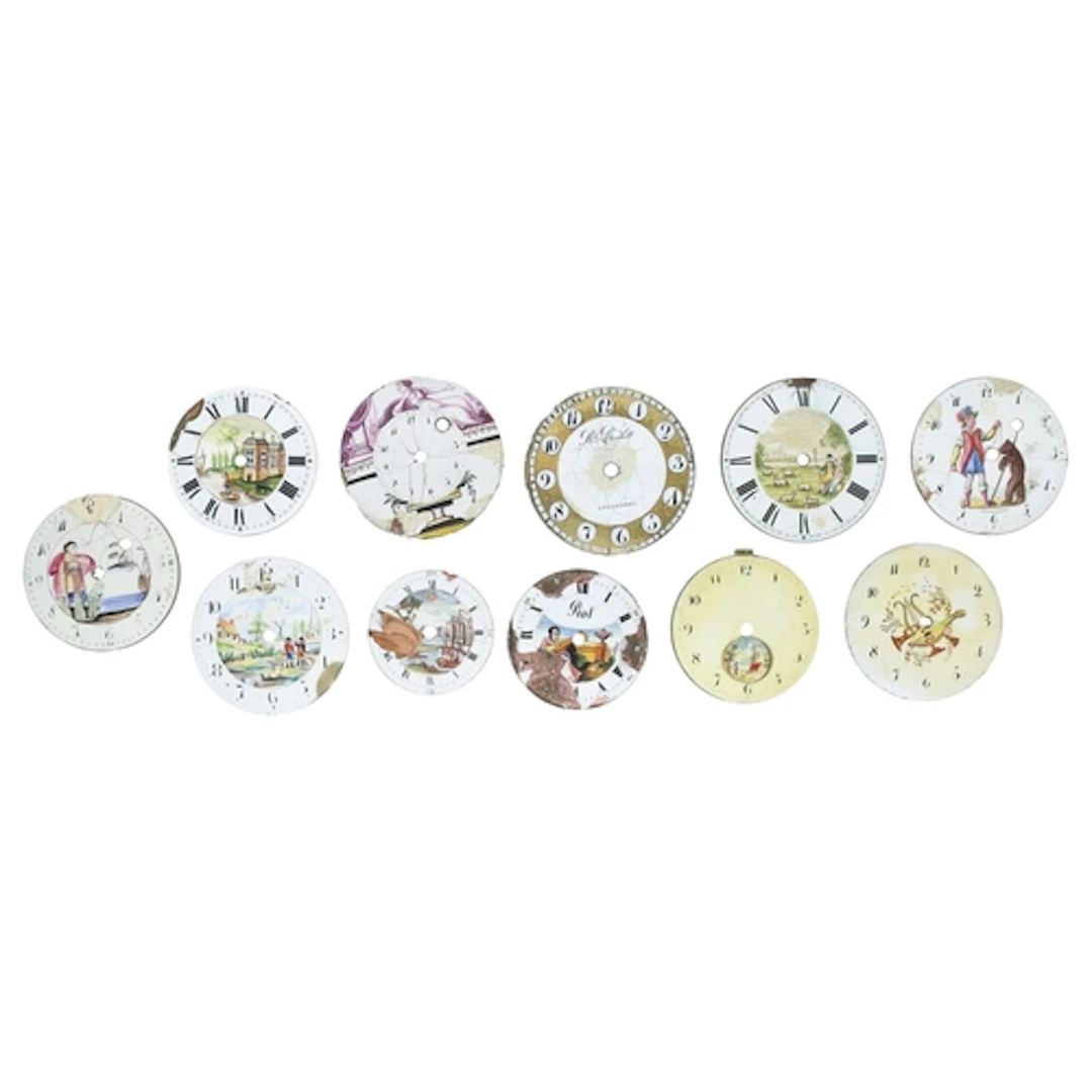 Eleven enamel pocket watch dials to include ten polychrome p...
