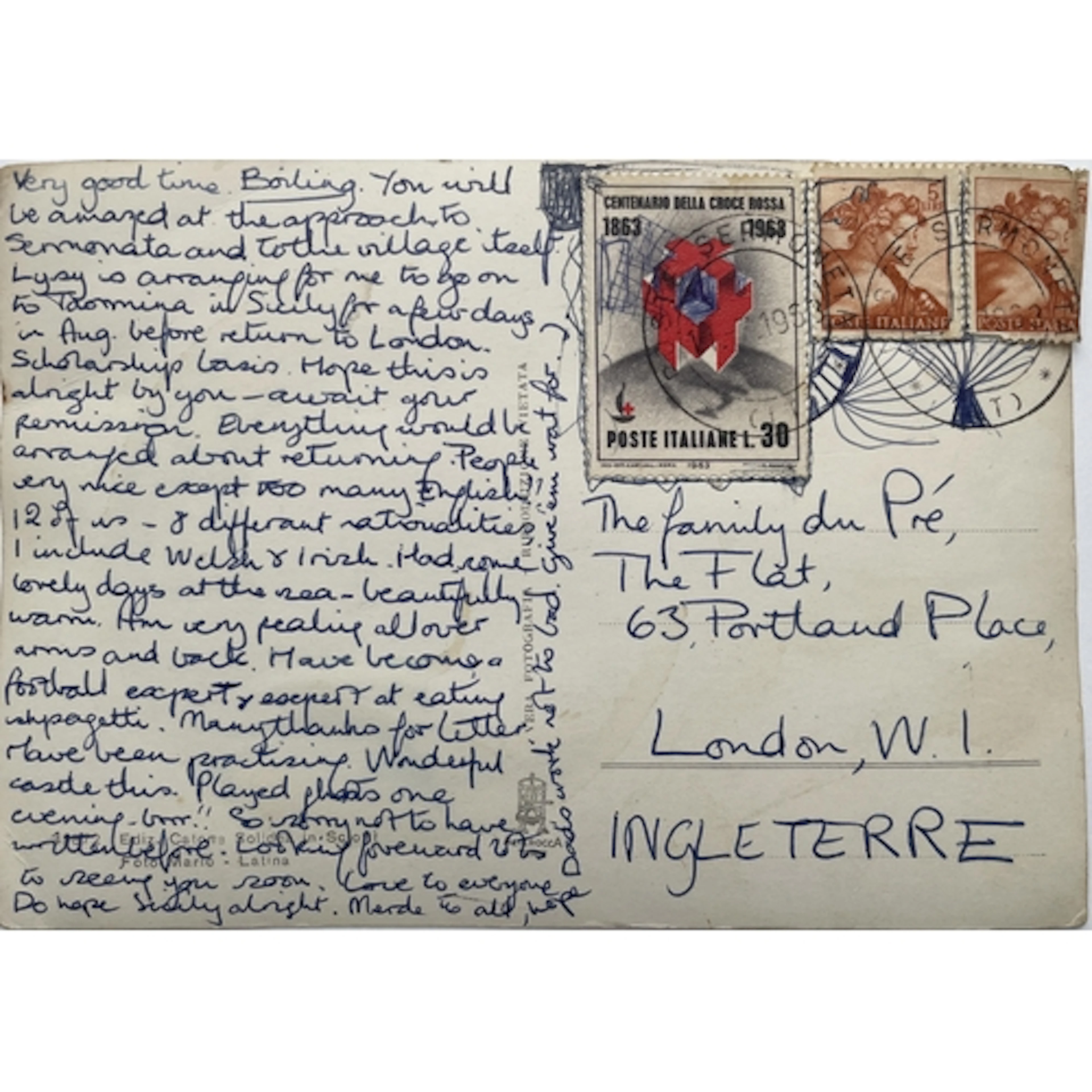 Jacqueline du Pré - a postcard to 'The Family du Pré' from J...