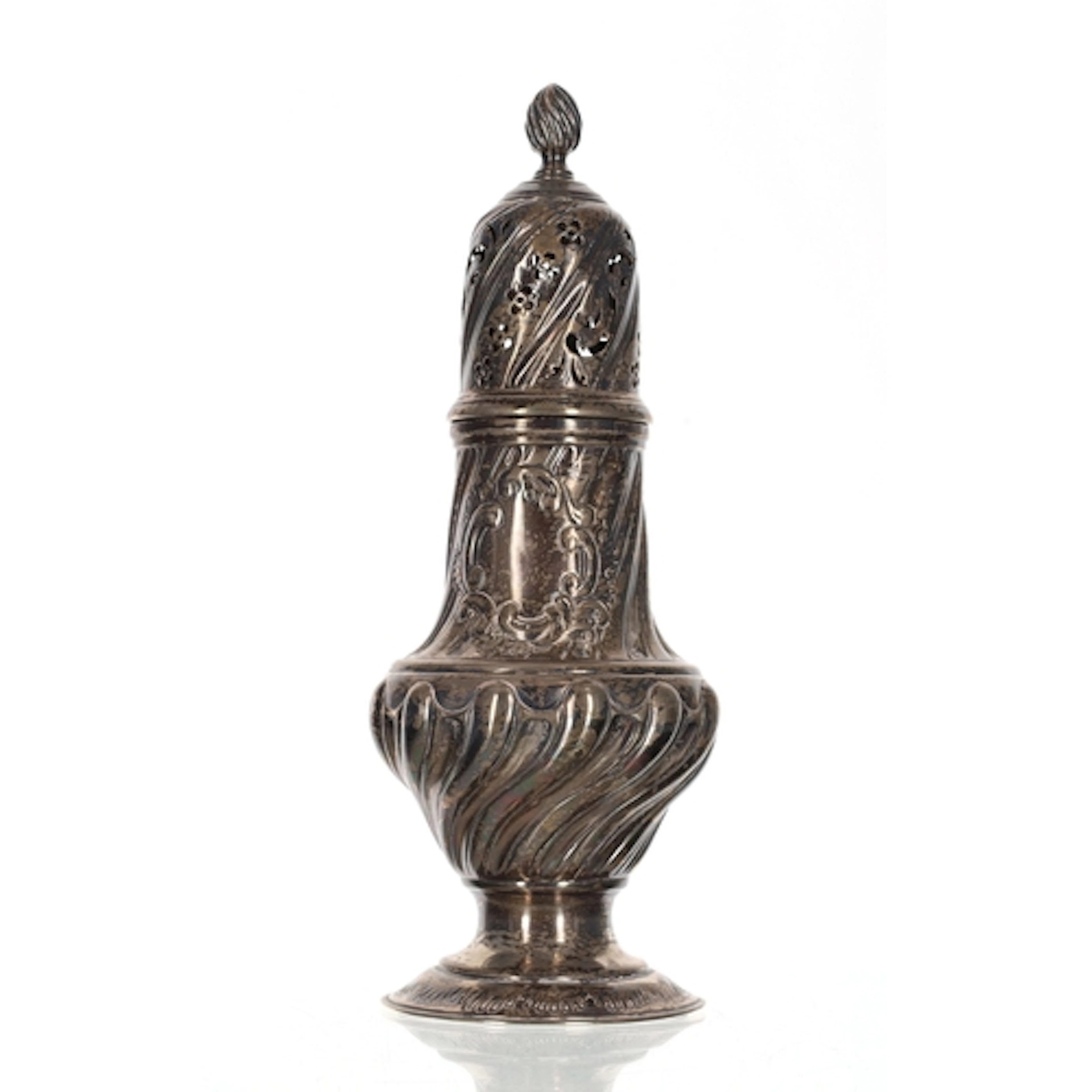 Late Victorian silver sugar sifter, the wrythen finial above...