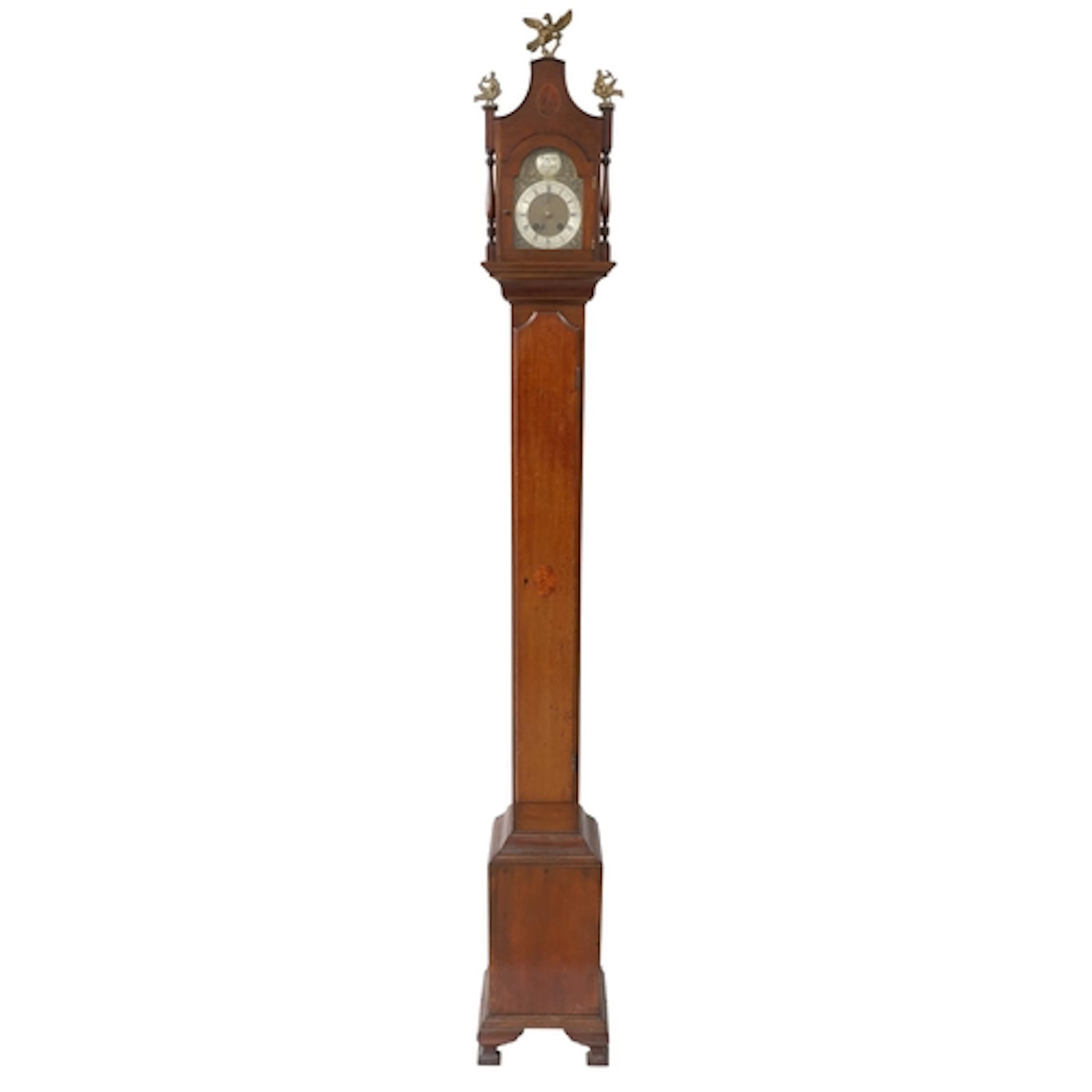 Narrow mahogany grandmother clock, with 5" brass arched dial...