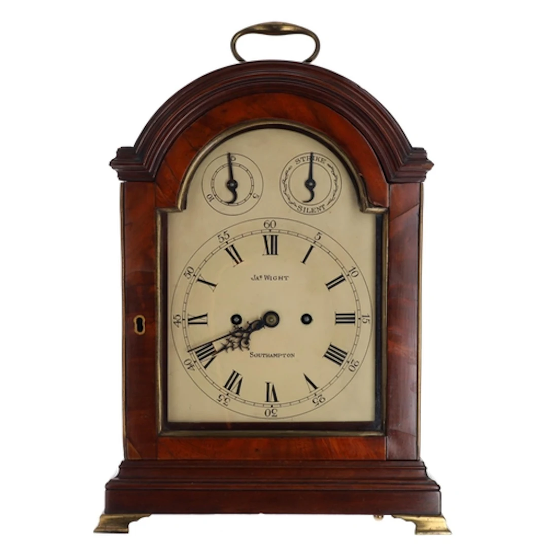 English Regency mahogany pad top twin fusee verge bracket wi...