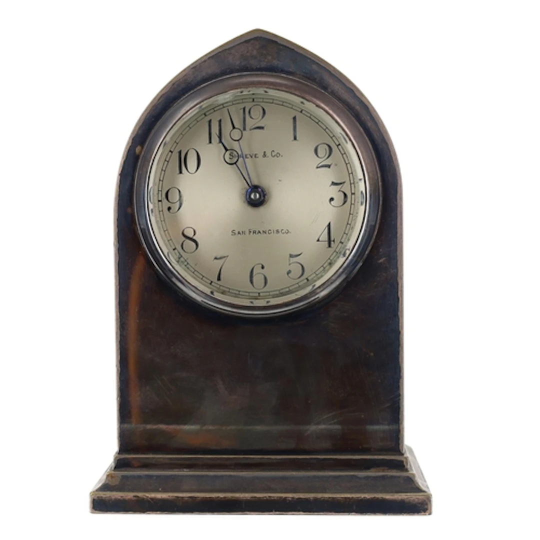 American silver plated small lancet clock timepiece, signed ...
