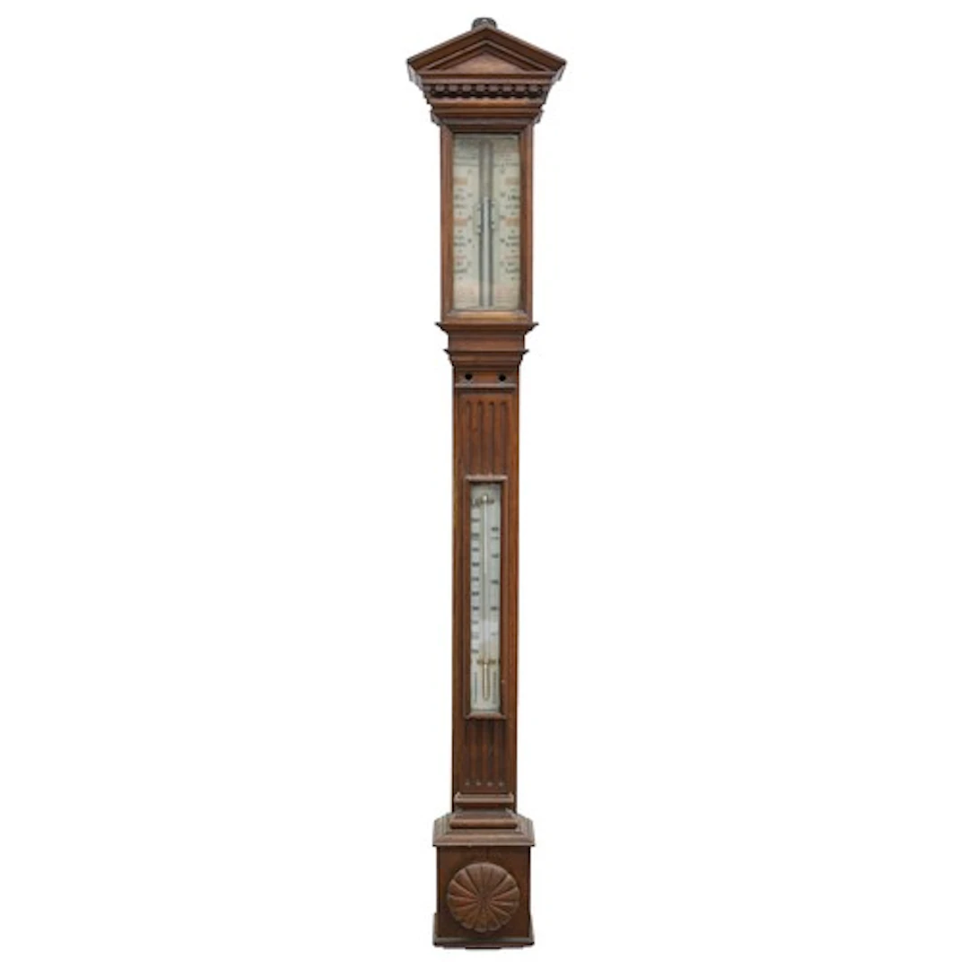 Victorian carved oak stick barometer, with arched pediment, ...
