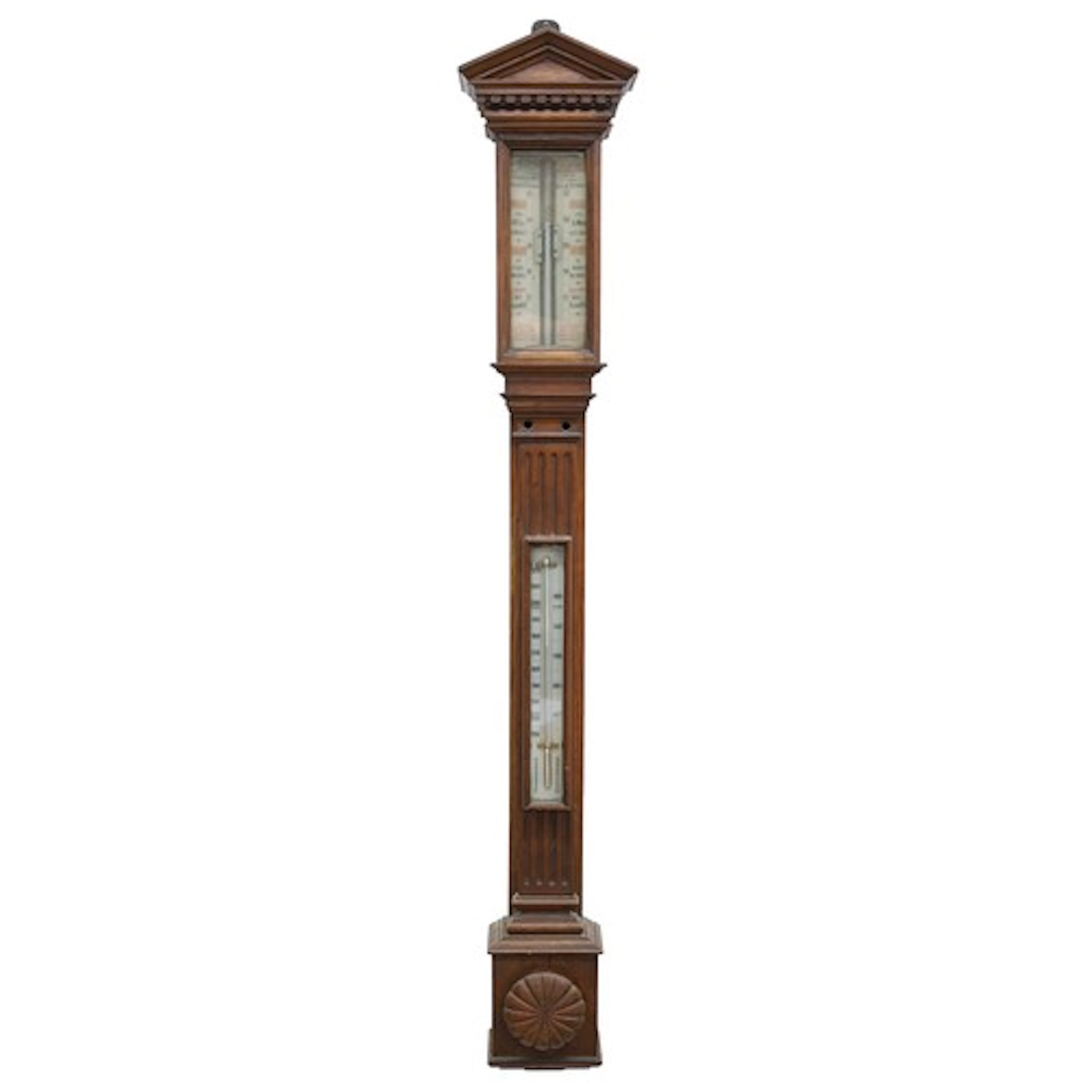 Victorian carved oak stick barometer, with arched pediment, ...