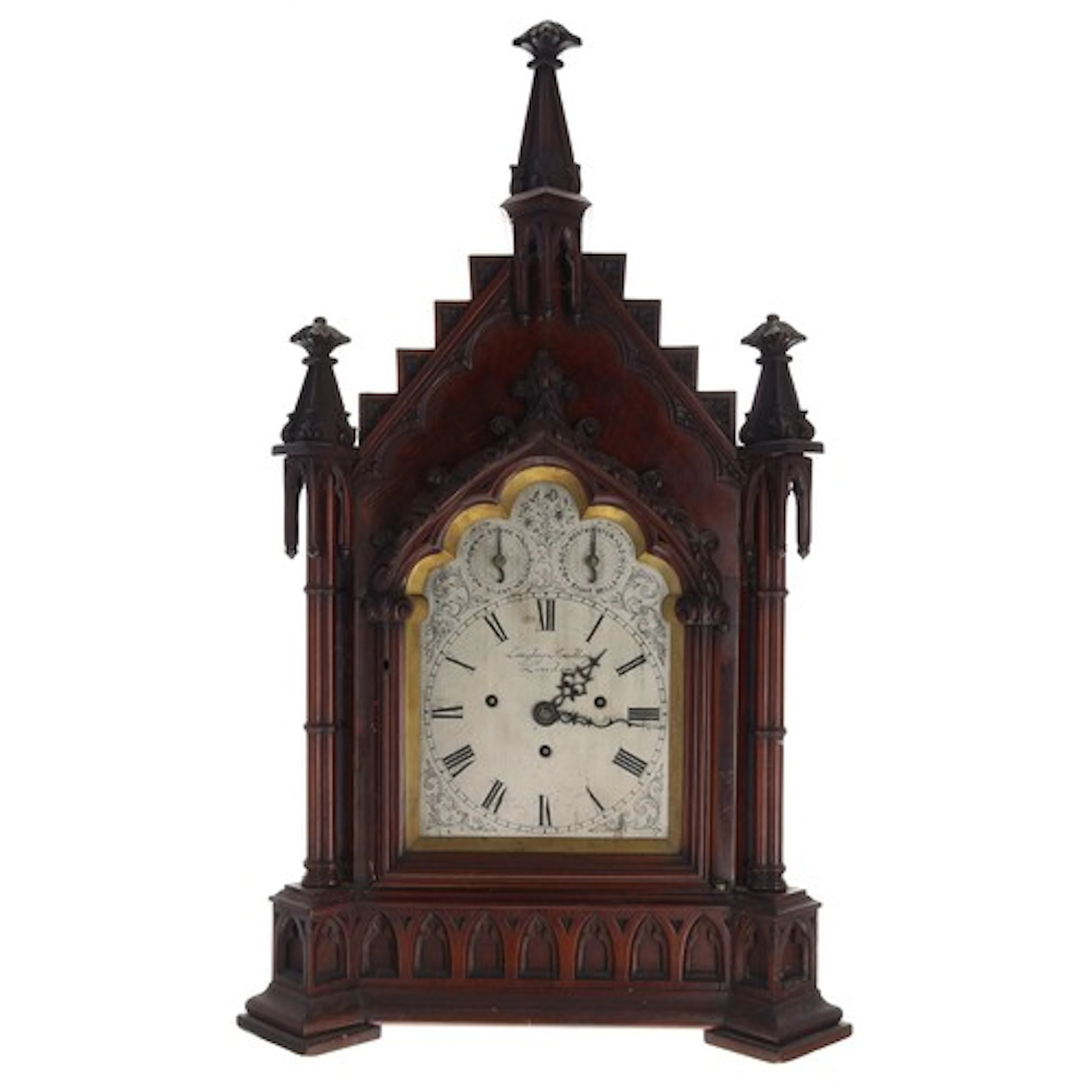 19th century mahogany triple fusee Gothic bracket clock, the...
