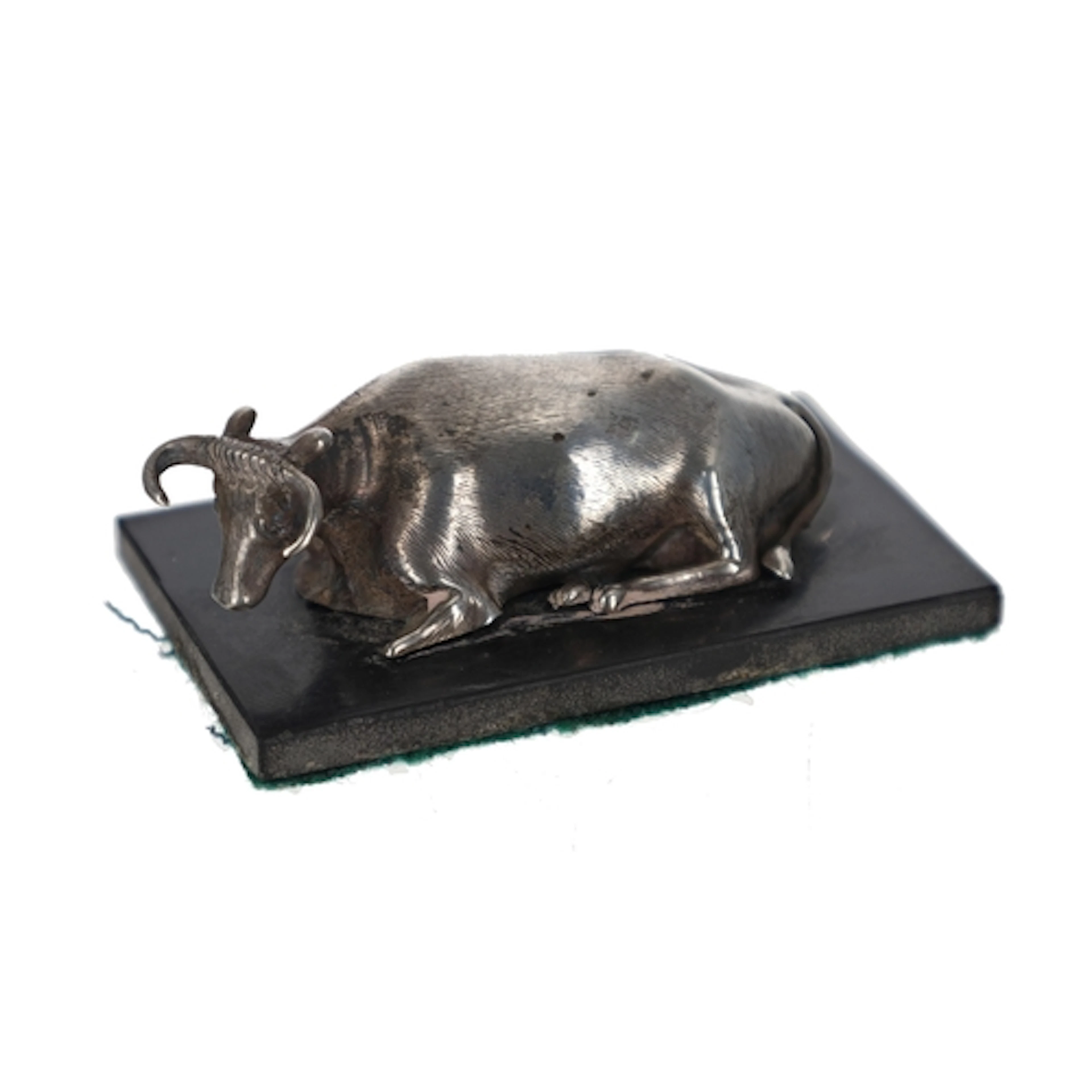 Early Victorian silver model of a recumbent cow, well modell...