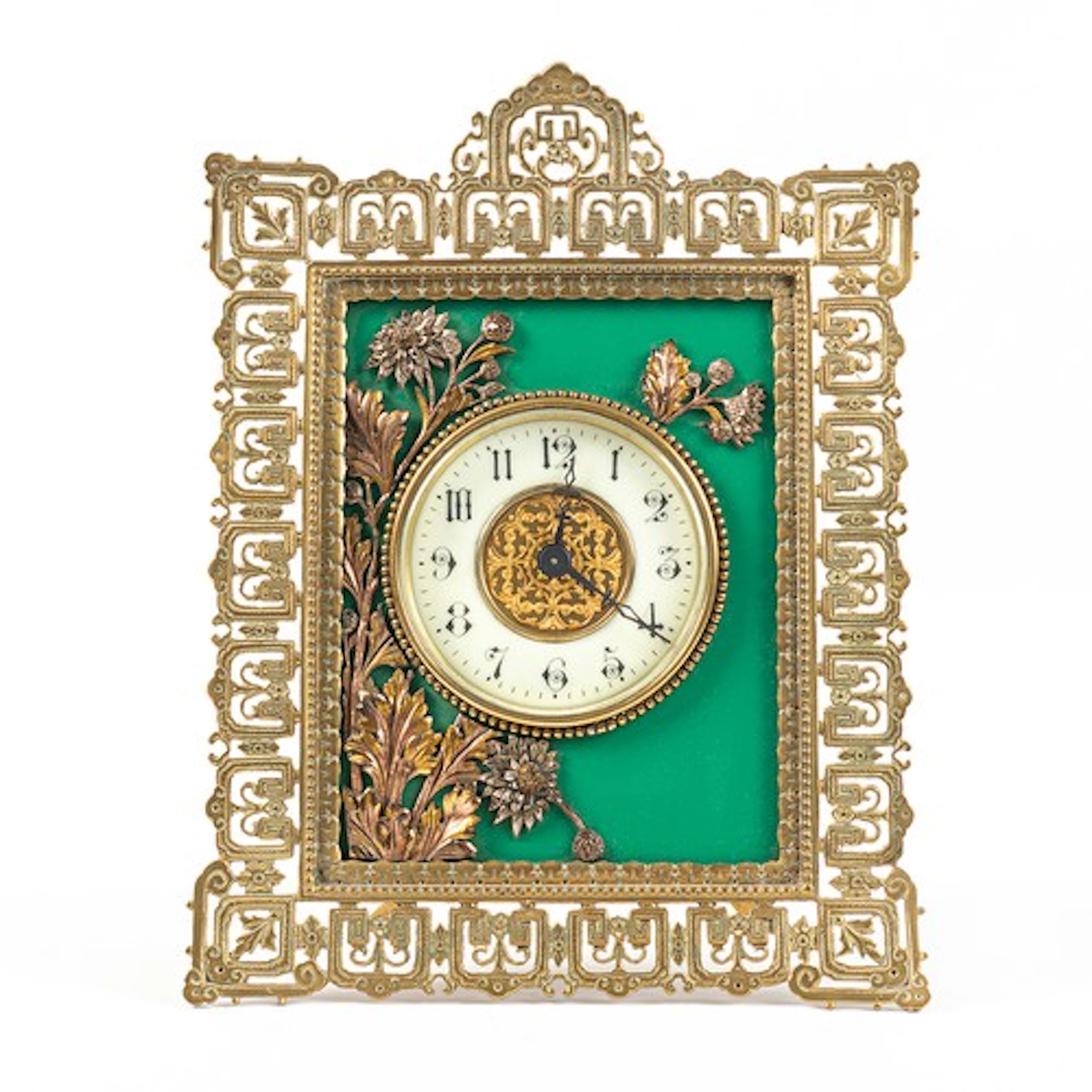 Late 19th century Aesthetic brass easel timepiece, the 3.25"...